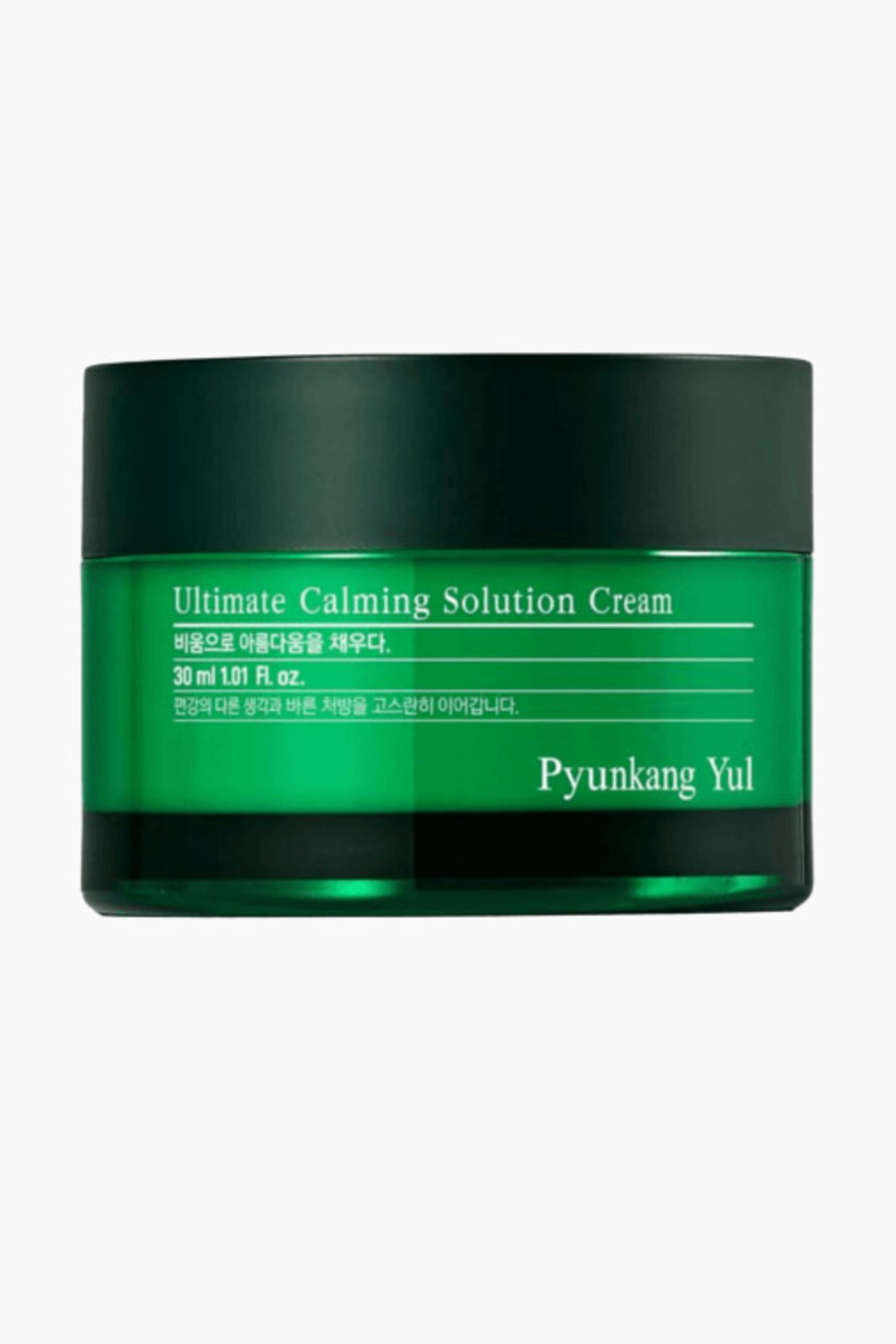 Visa större bild: Pyunkang Yul Ultimate Calming Solution Cream-burken har ett mörkgrönt skruvlock och en genomskinlig smaragdgrön cylindrisk kropp, med en etikett på framsidan som visar vit text.