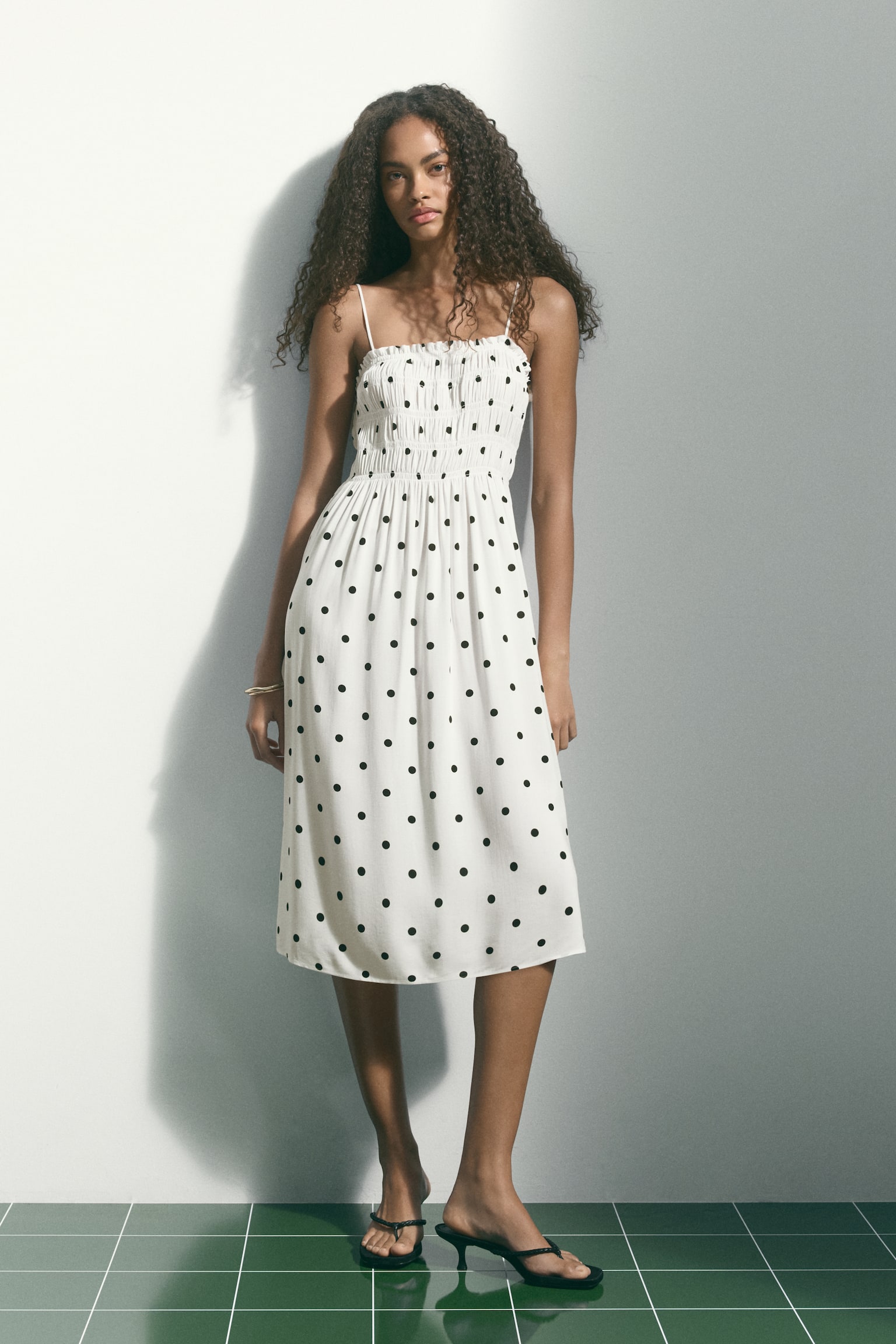 Smocked strappy dress-White/Polka dot - 3