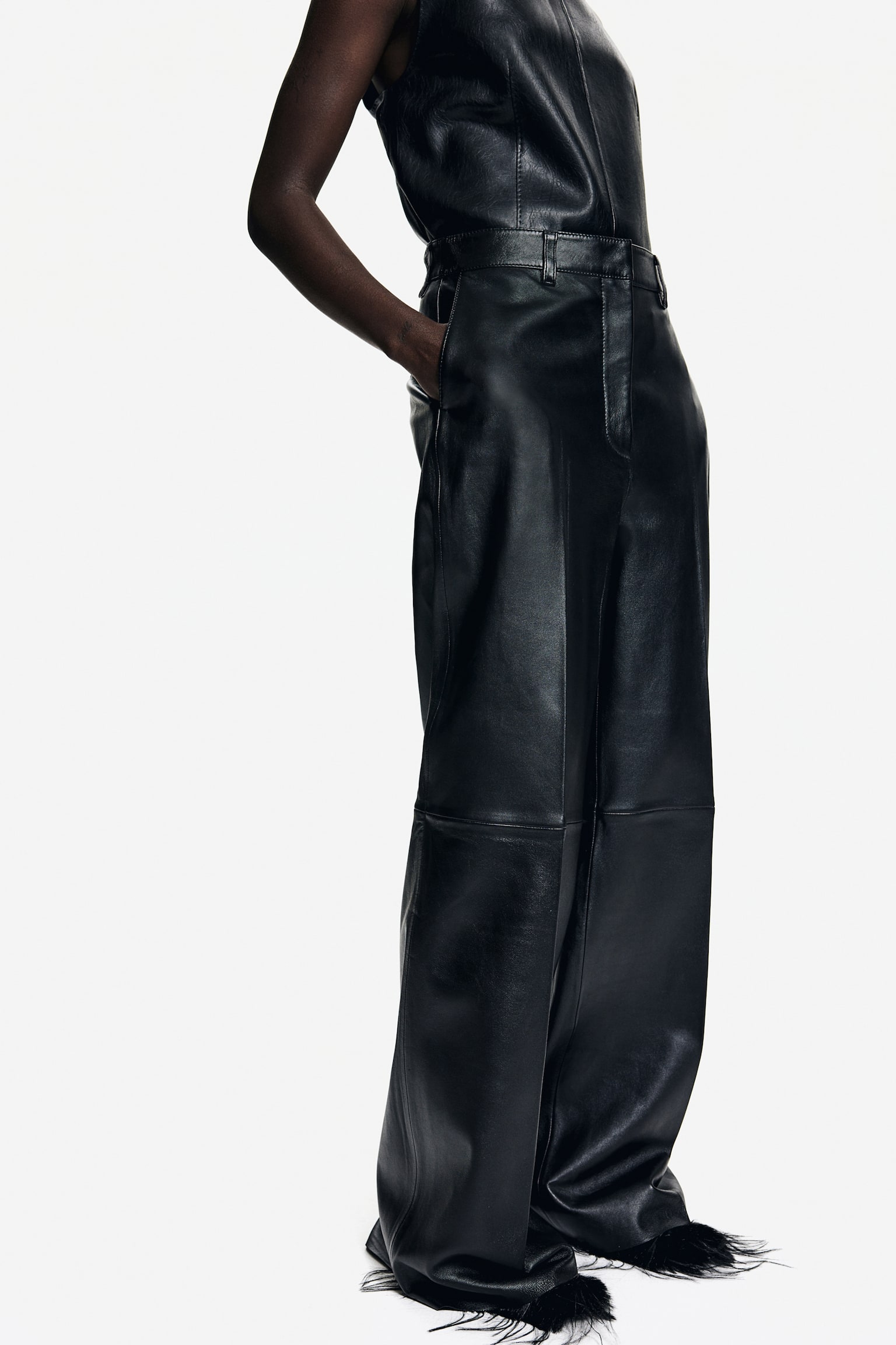 Straight leather trousers - Black/Dark khaki green - 3