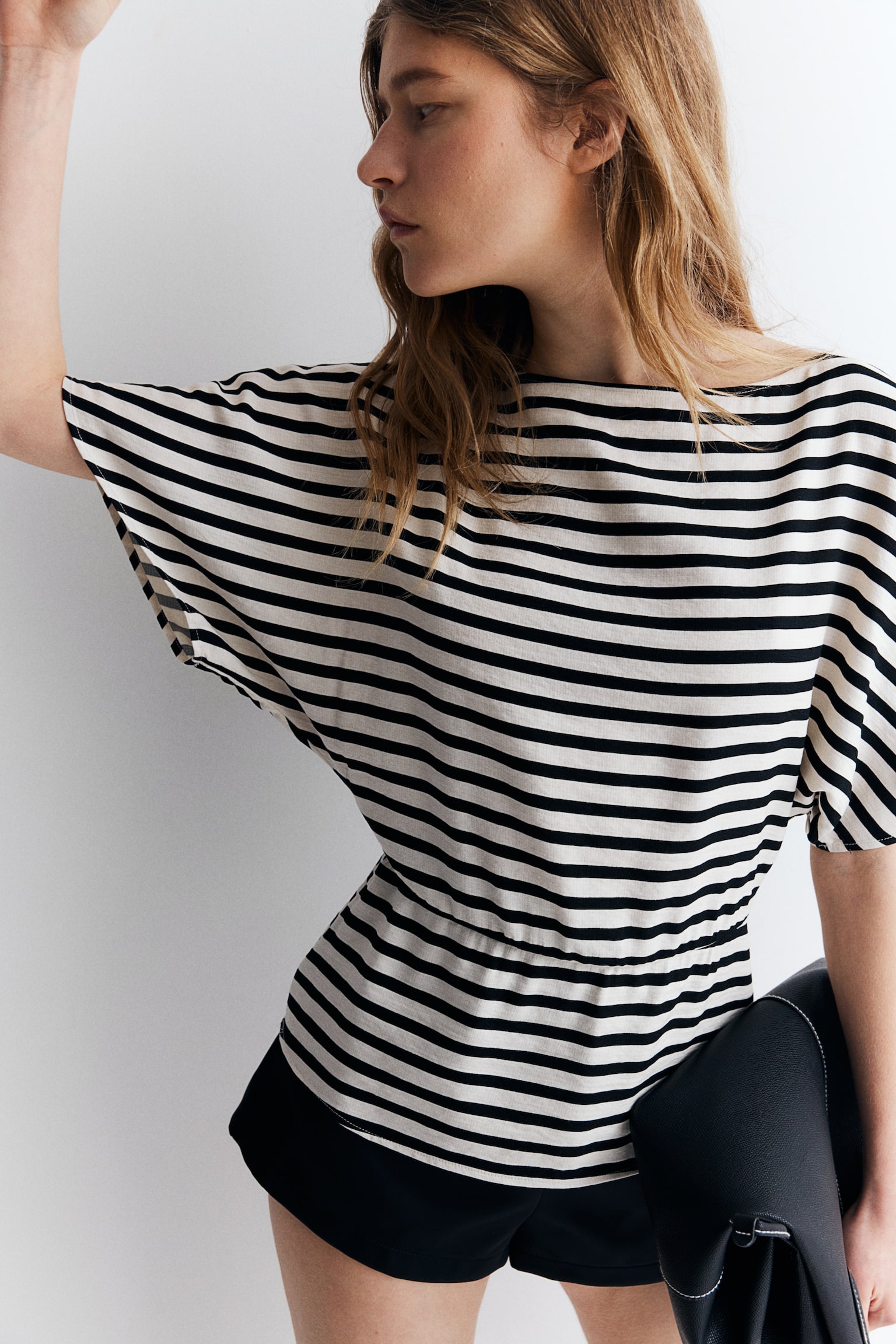 Tapered Waist Blouse - Black/Cream stripe/Light beige - 1