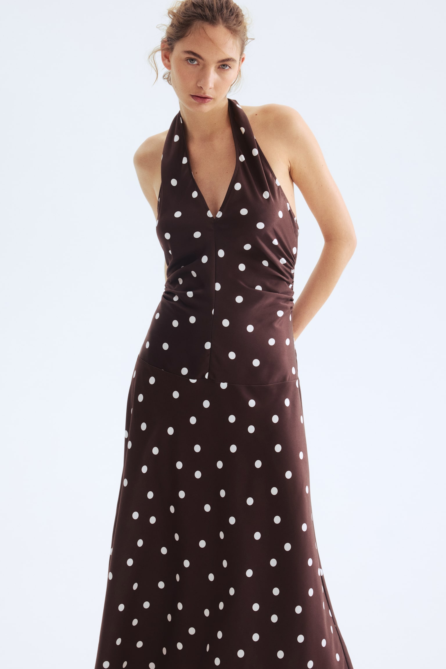 Draped halterneck dress - Dark brown/Polka dot - 1