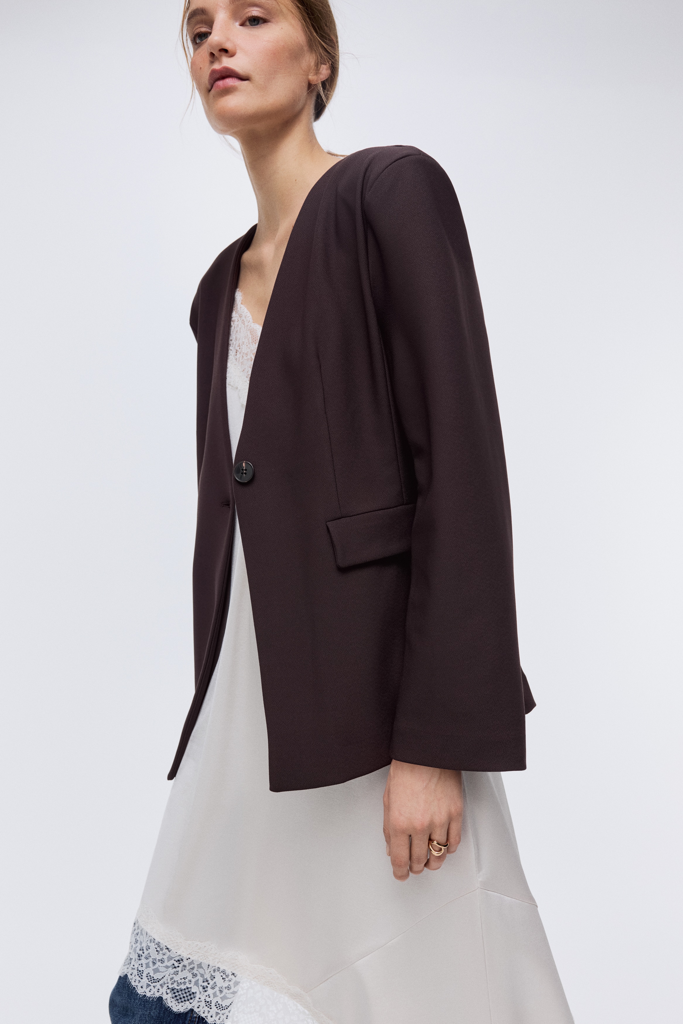Blazer in jersey senza colletto - Marrone scuro/Beige/Nero
