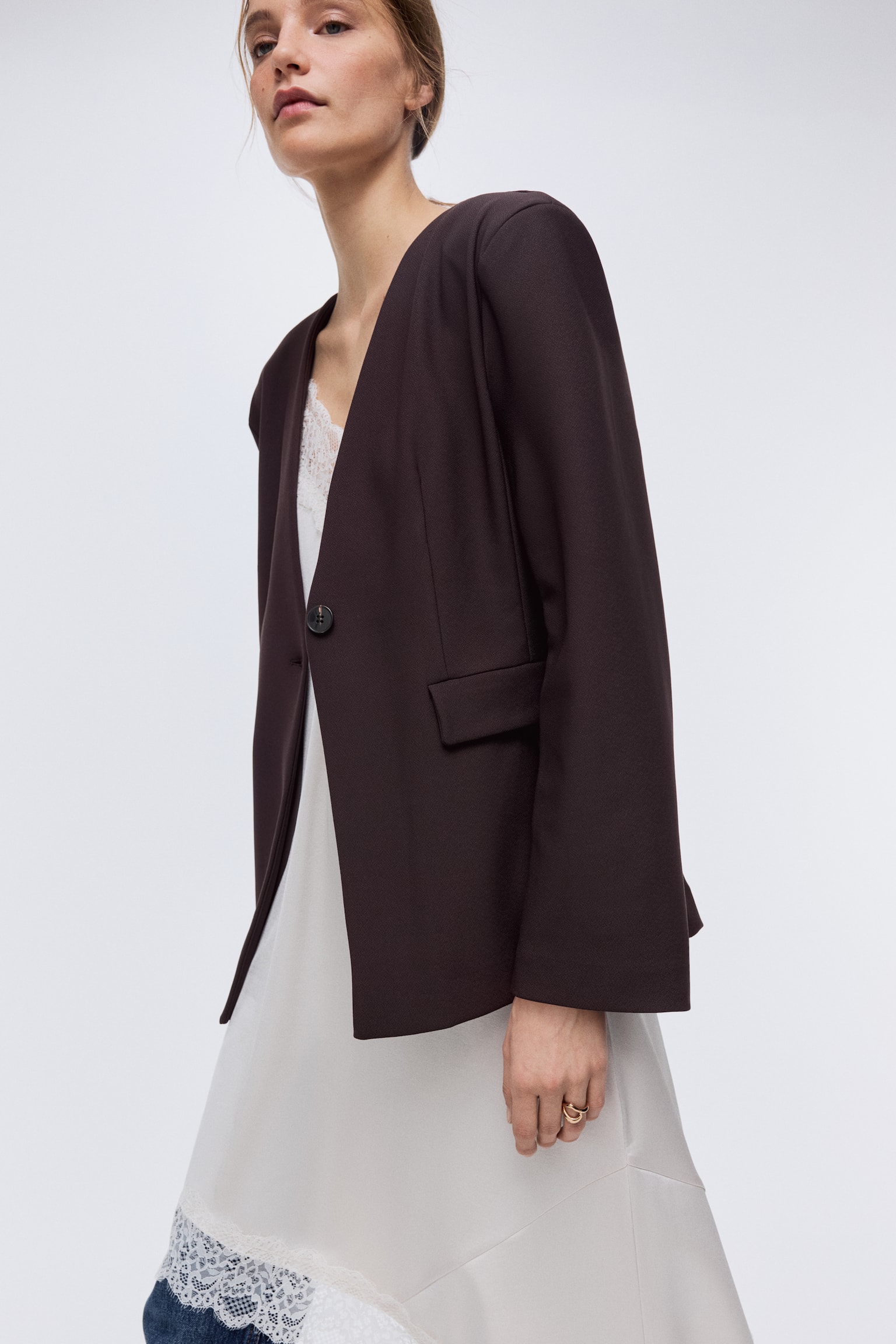 Collarless jersey blazer - Dark brown/Black - 2