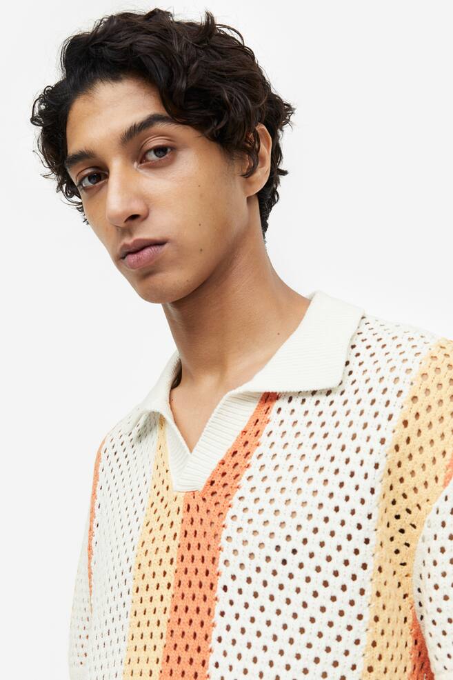 Relaxed Fit Hole-knit polo shirt - Orange/White striped/White - 4