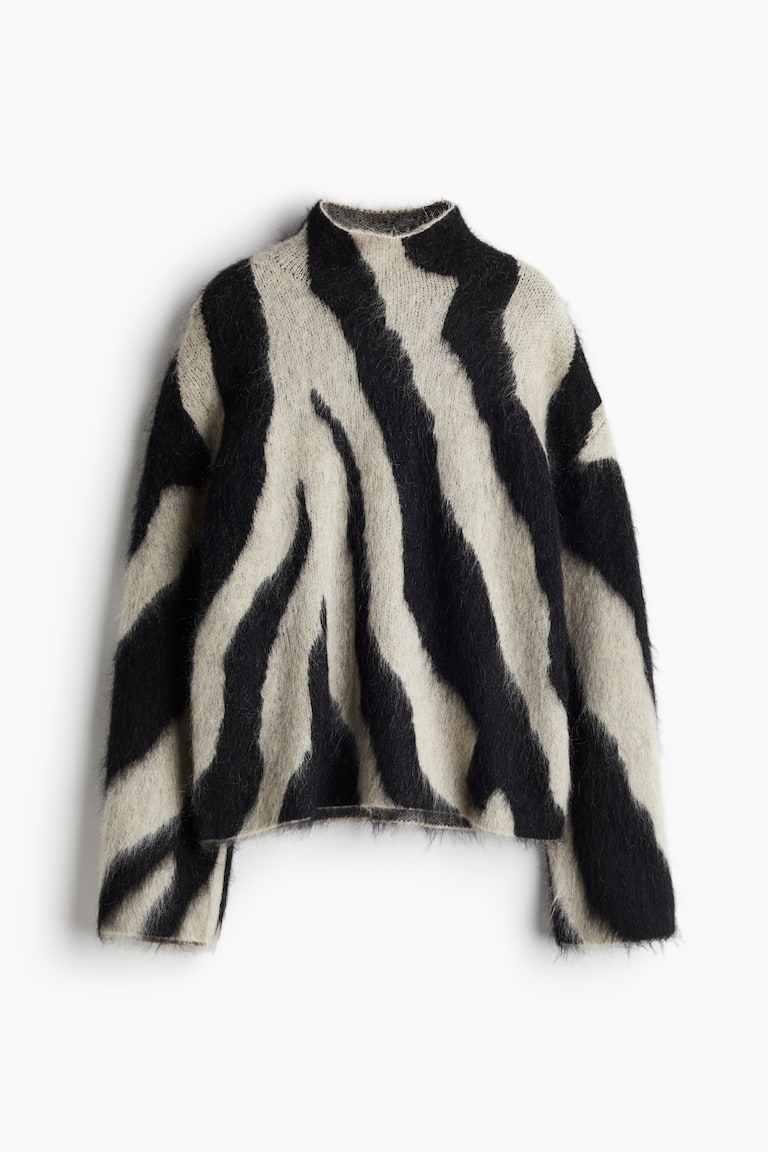 Tröja i mohairmix med halvpolo - Svart/Zebramönstrad - DAM | H&M FI