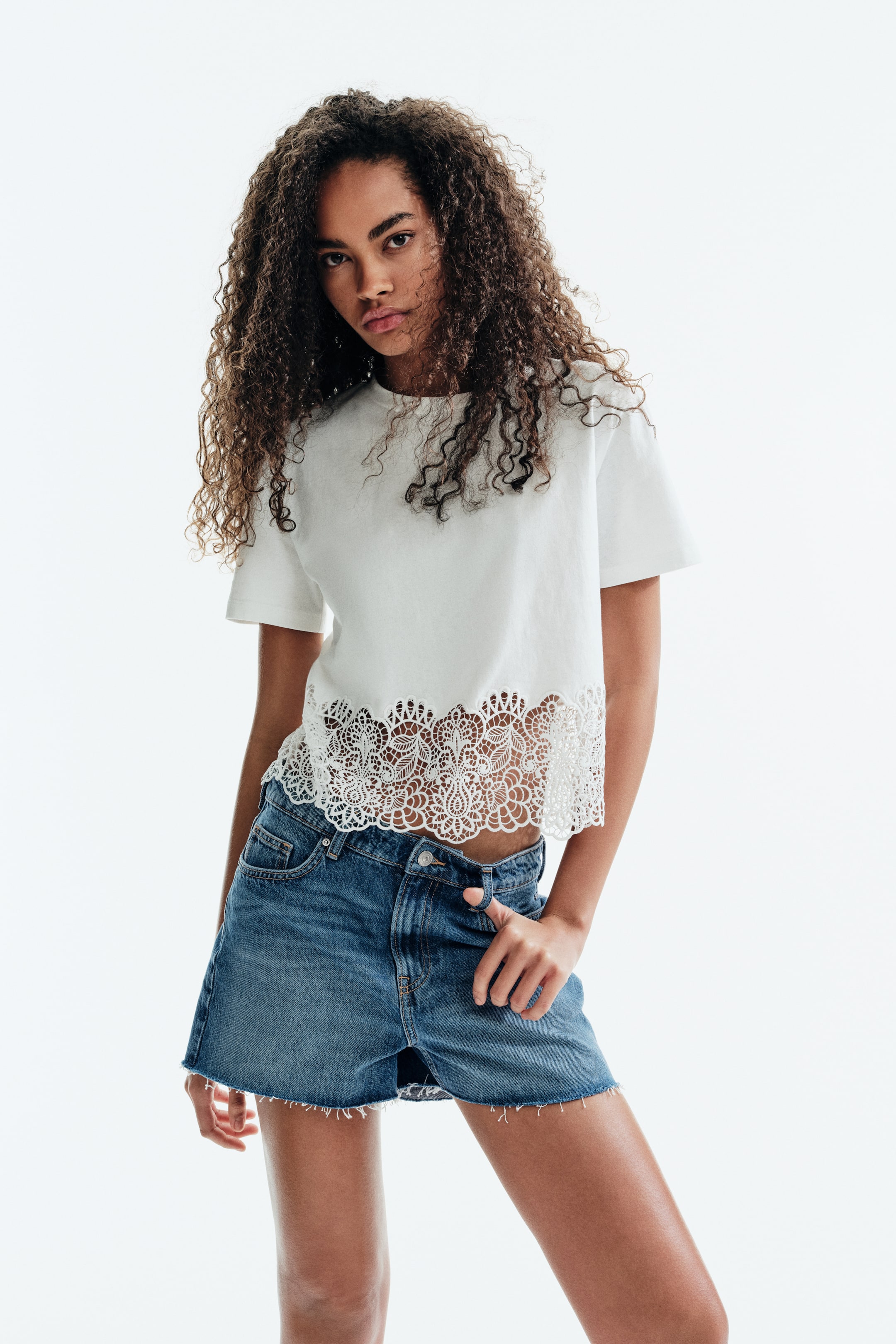 View larger image: A white short-sleeved crop top featuring a round neckline and a wide, sheer lace hem with a scalloped edge. The intricate lace pattern showcases floral and paisley motifs, ending above the waist.