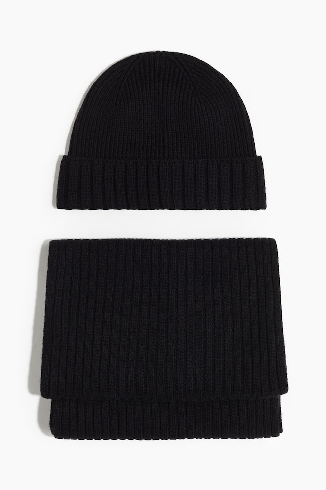 Set de 2 piese de lână merinos cu căciulă și fular - Negru/Gri-închis - 1