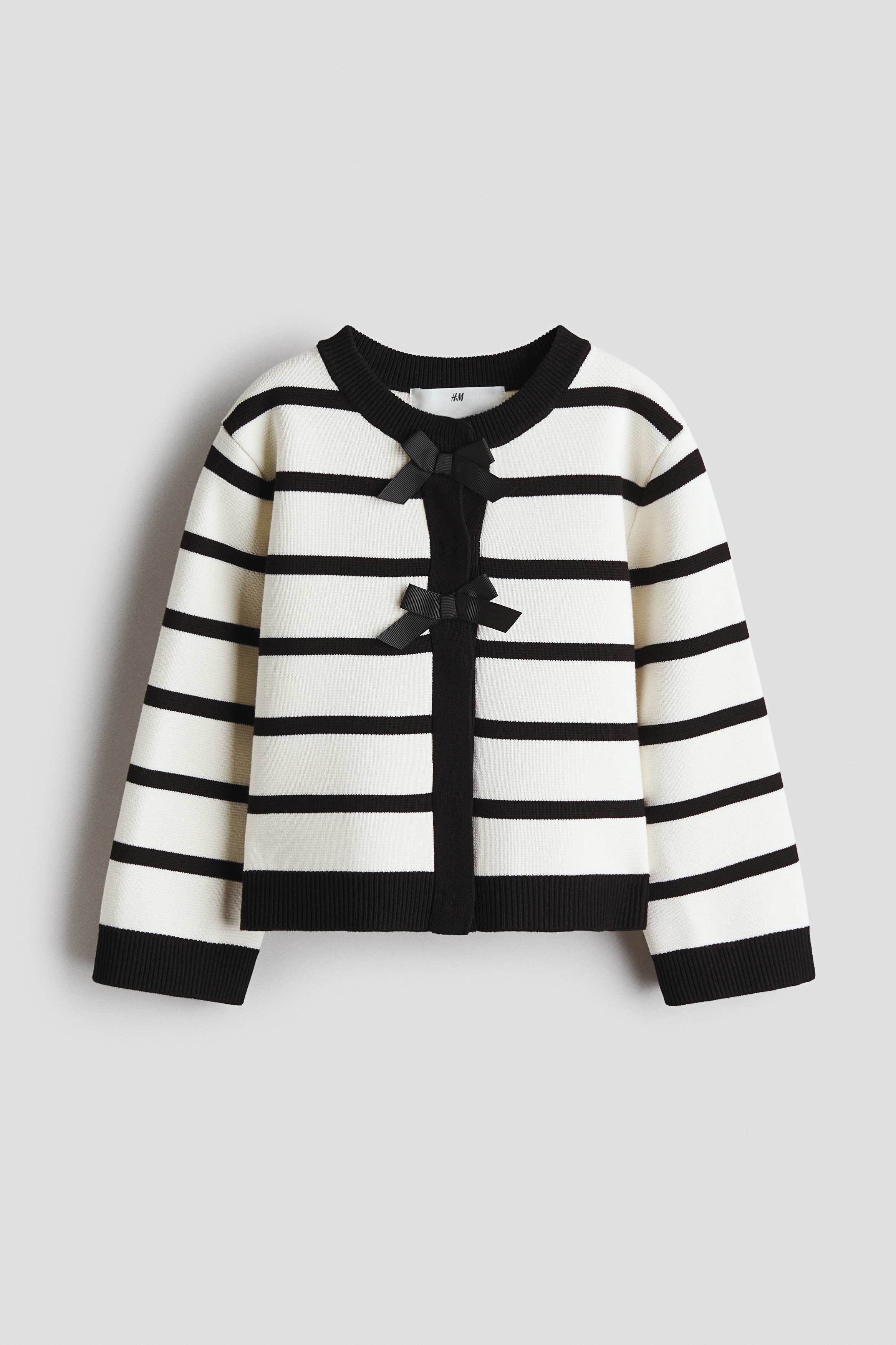 Sløyfepyntet cardigan - Hvit/Sort stripet