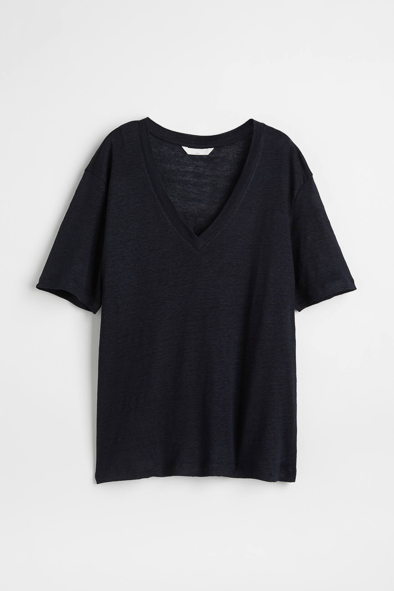 V-neck Linen Jersey T-shirt - V-neck - Short sleeve - Dark blue ...