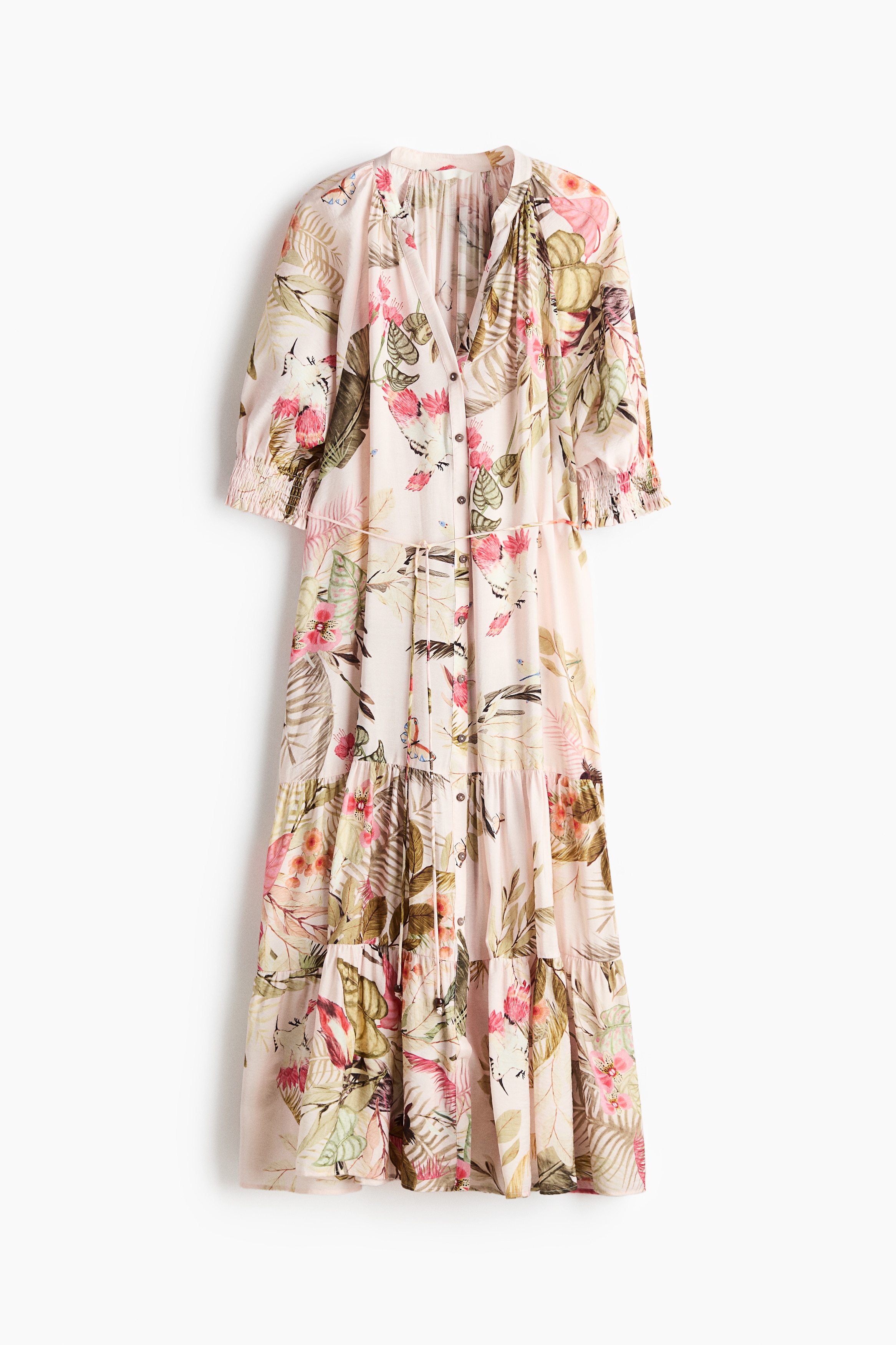 Midikleid mit Bindegürtel - Hellrosa/Geblümt