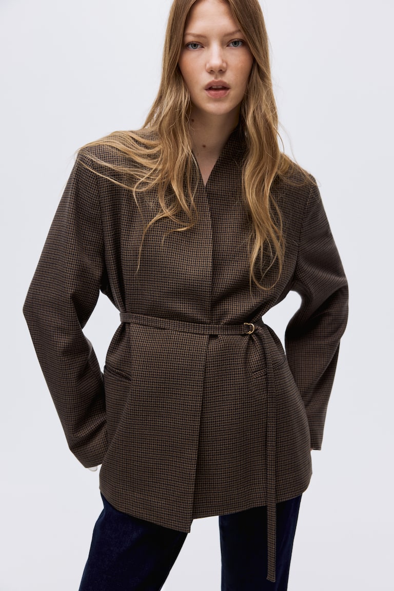 Belted Jacket Dark beige/houndstooth pattern Ladies H&M PH
