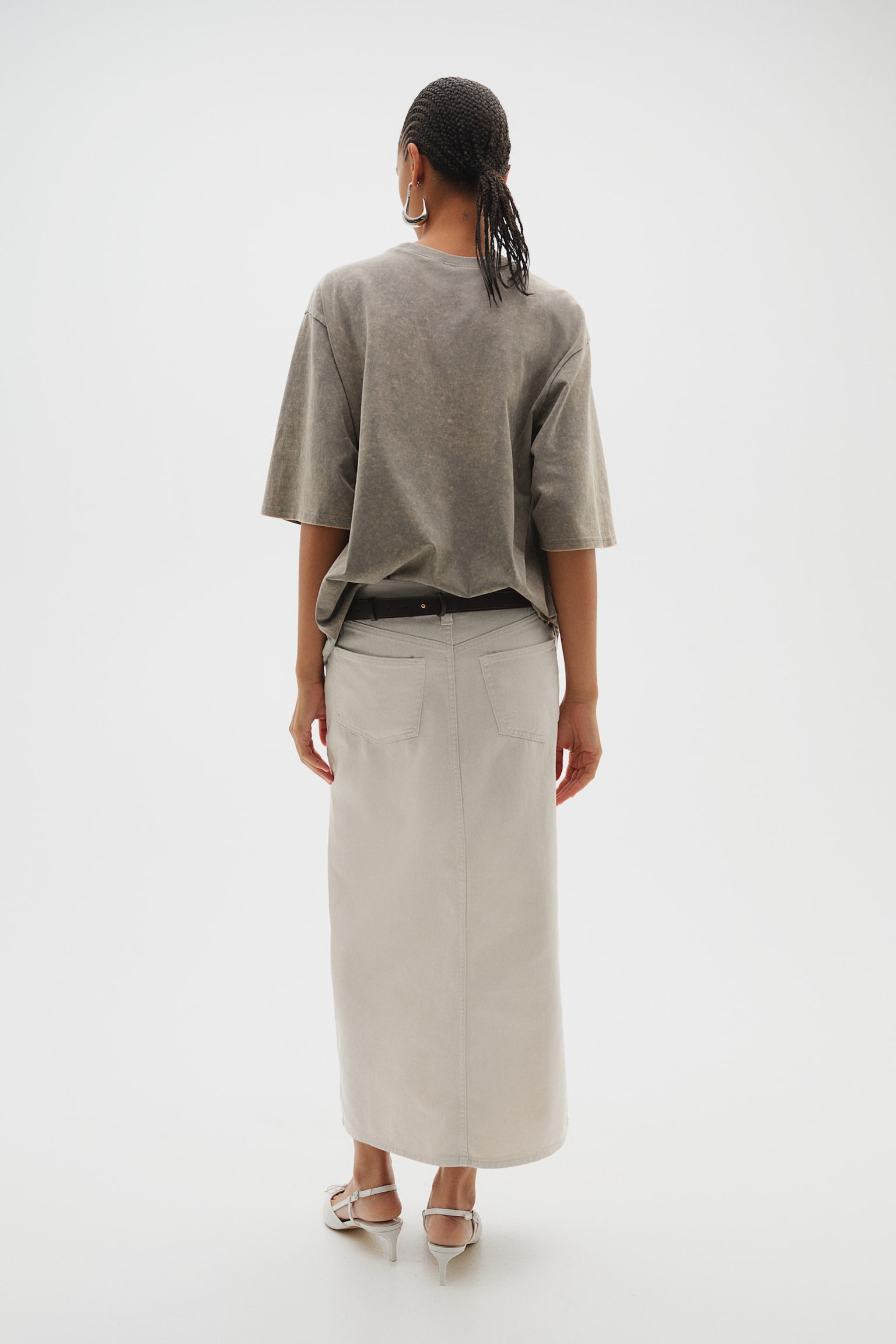 Slit Hem Twill Skirt - Light beige/Black - 5