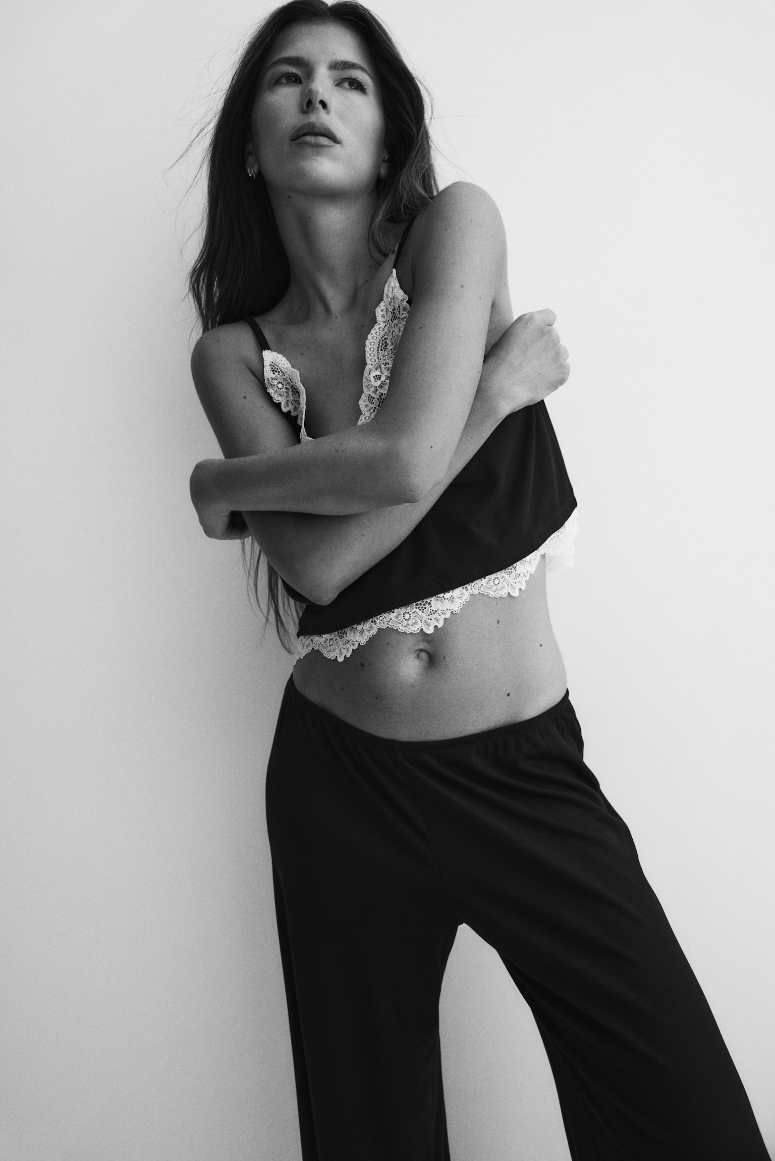 Pyjama côtelé avec dentelle - Noir/Marron foncé - 3