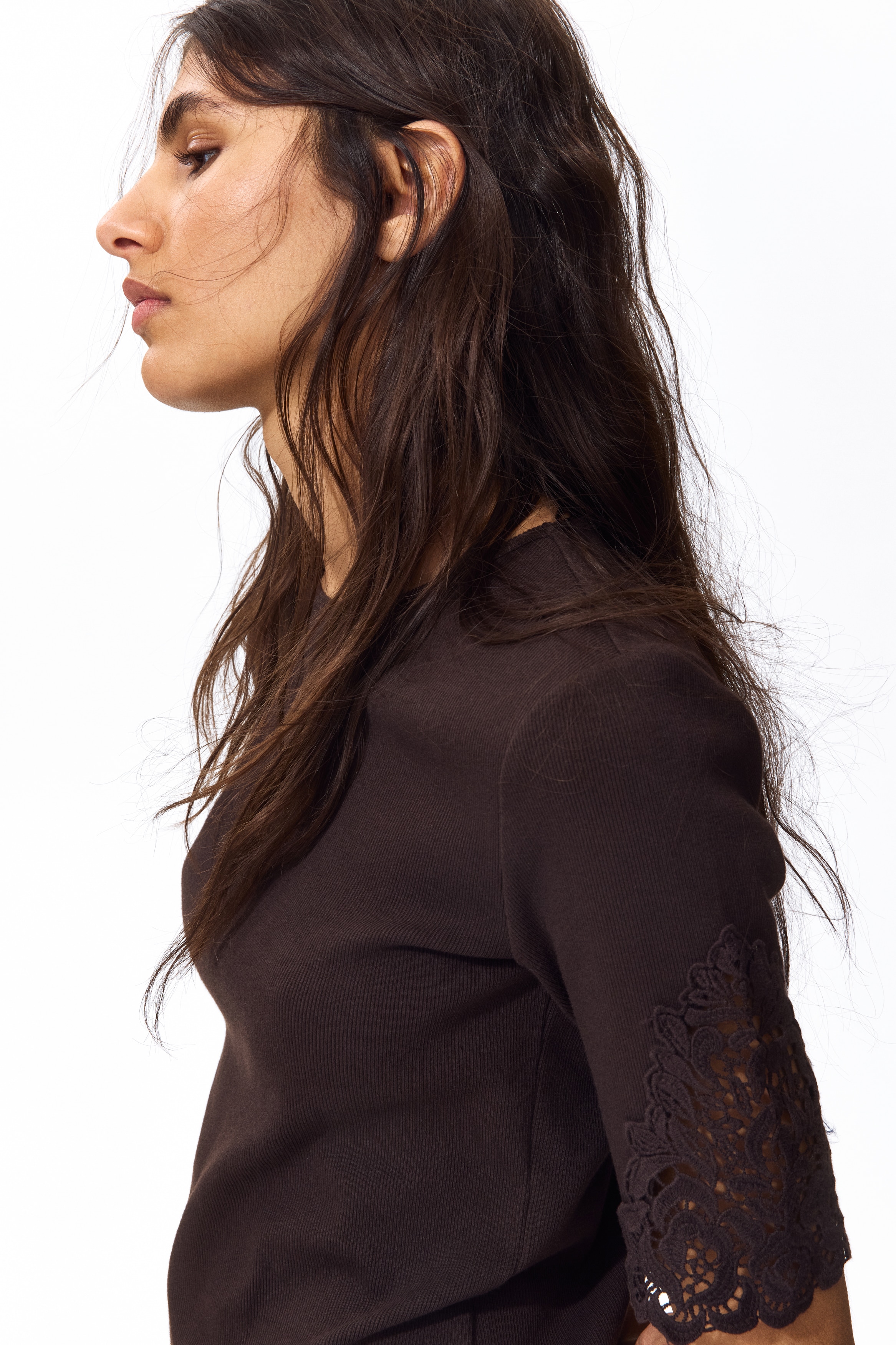 Top a costine con inserti in pizzo - Marrone scuro/Bianco/Rosa chiaro/Nero