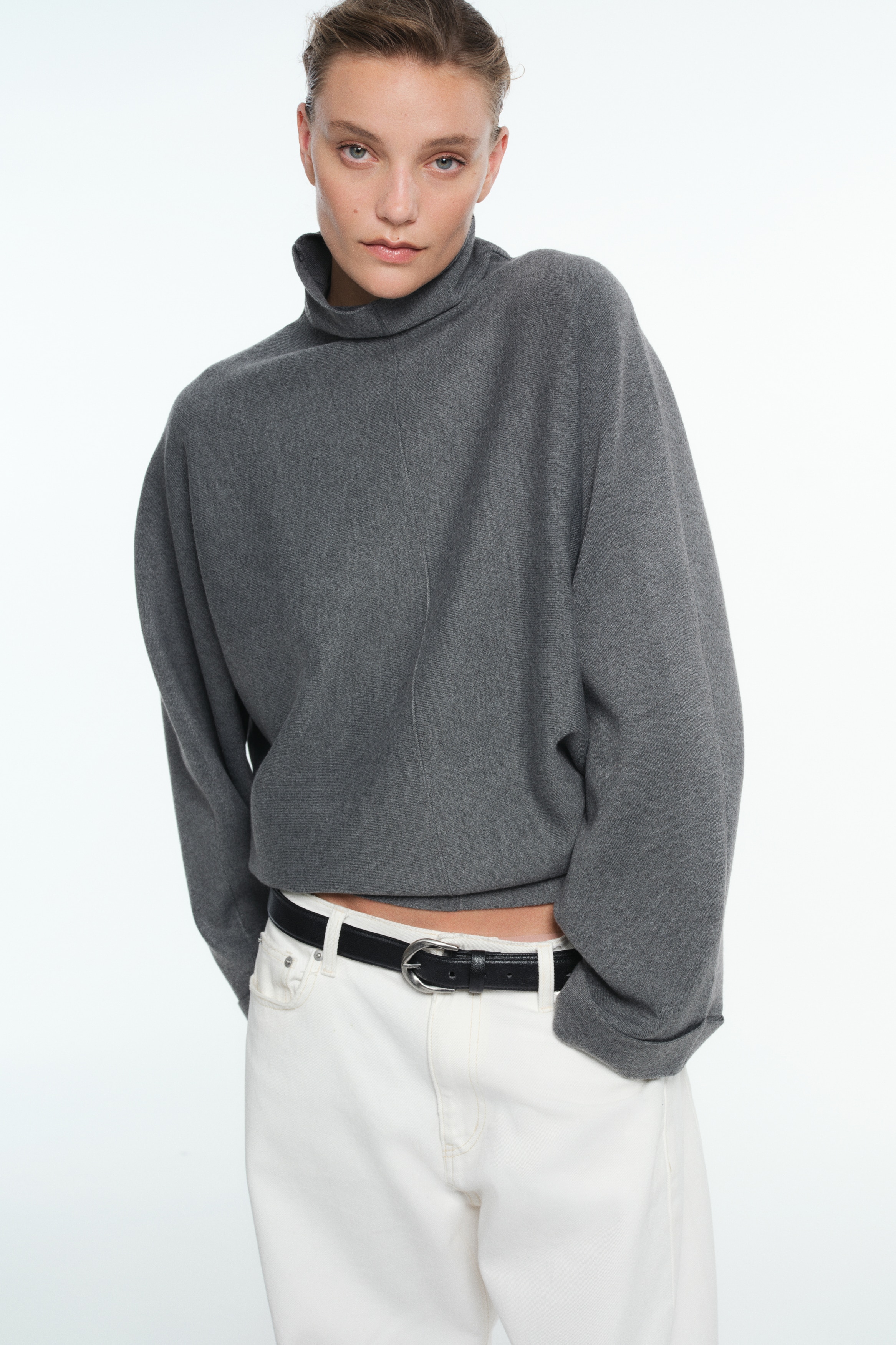 Oversized turtleneck jumper - Dark grey/Olive green/Cream