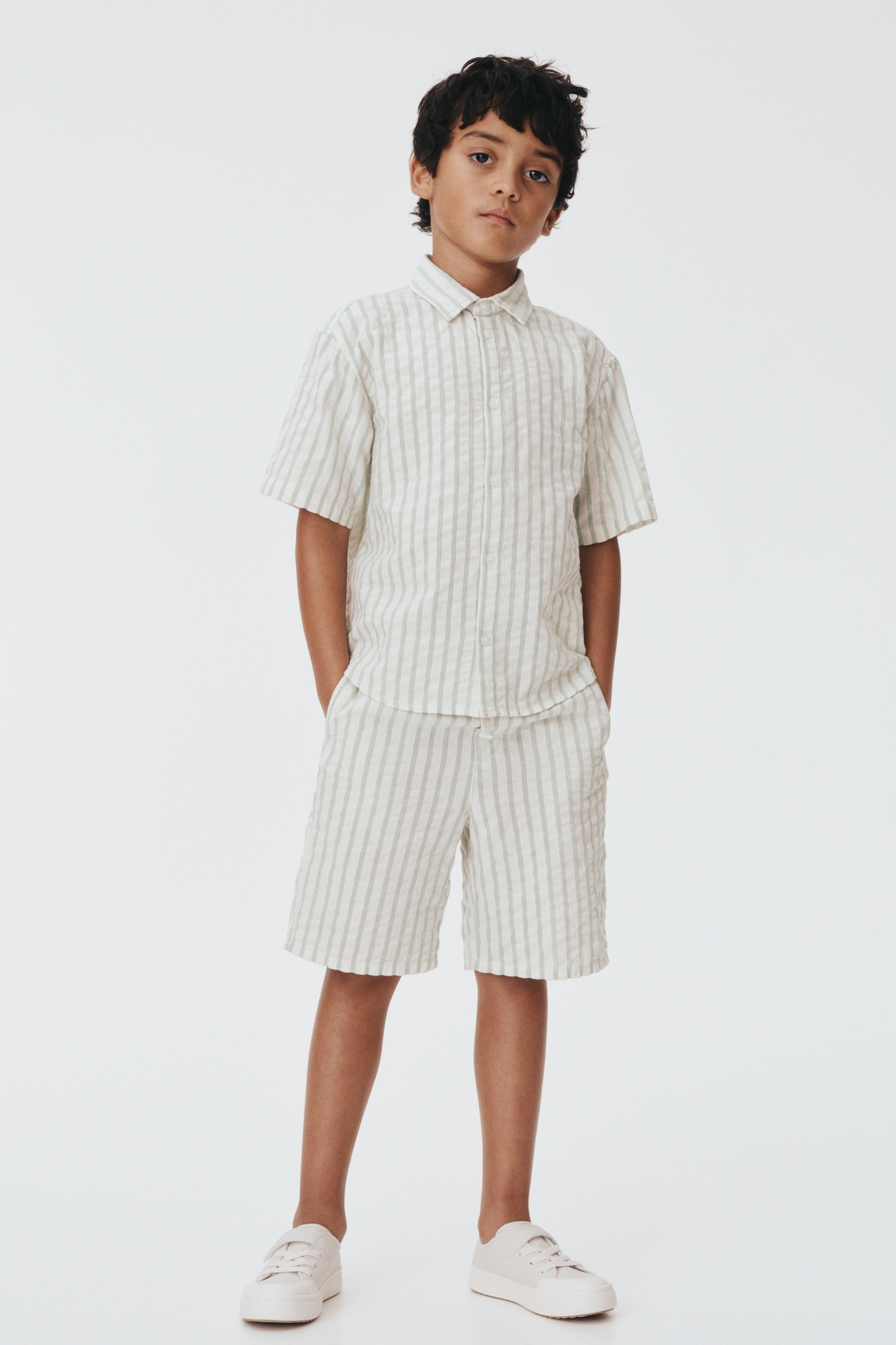 2 Parçalı Pamuklu Gofre Set - Açık yeşil/Çizgili