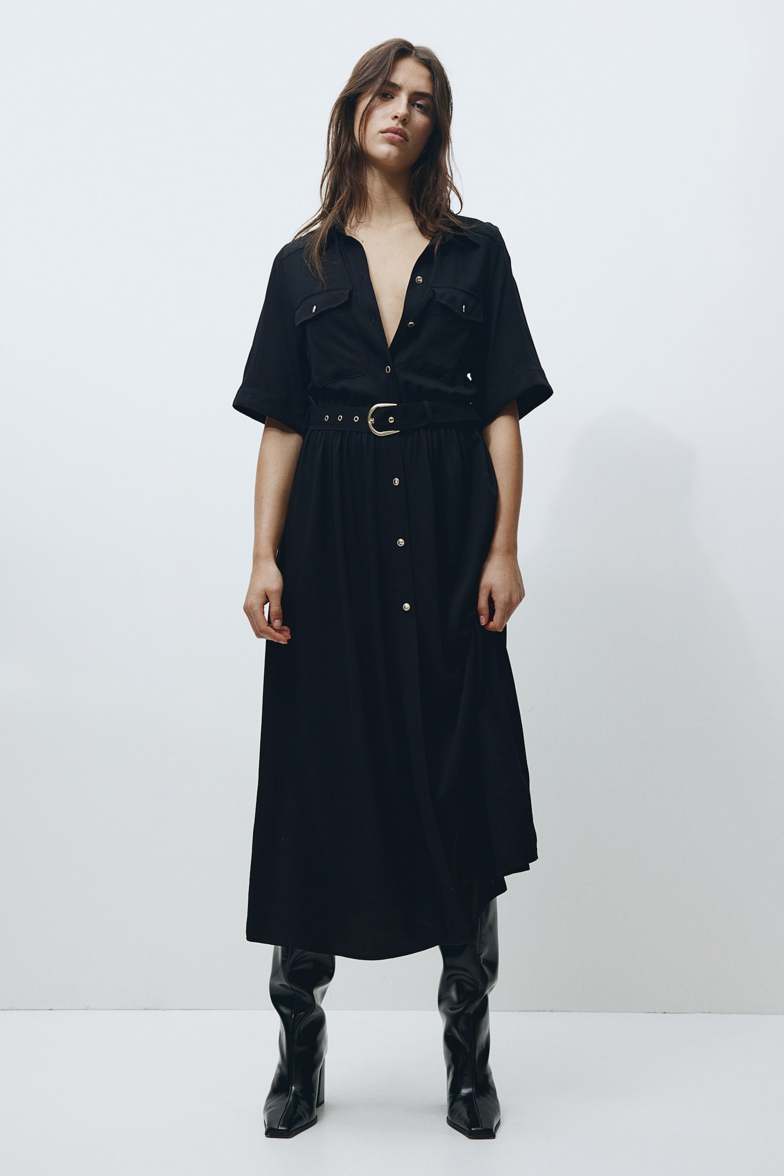 Belted shirt dress - Black - 3