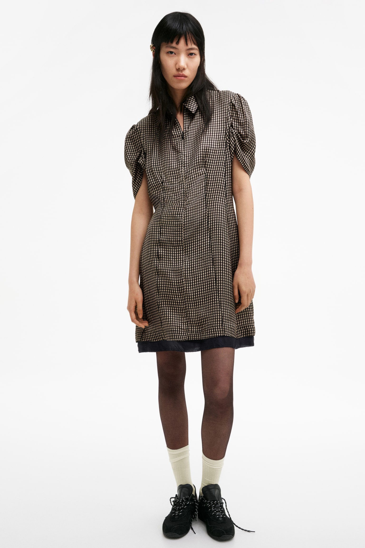 Puff-Sleeved Dress - Black/gingham - 3