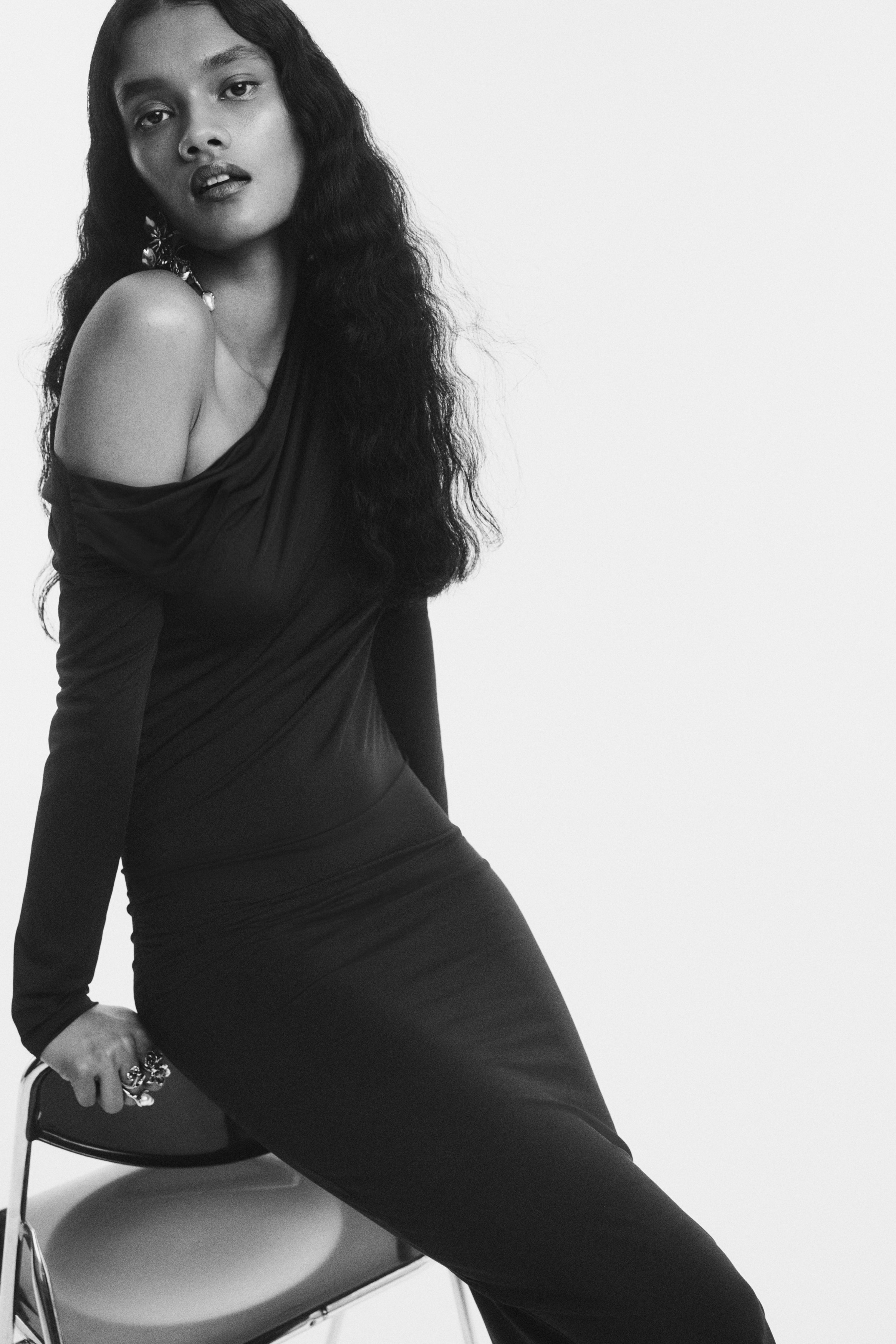 Ladies - Black Draped one-shoulder dress - Size: L  - H&M