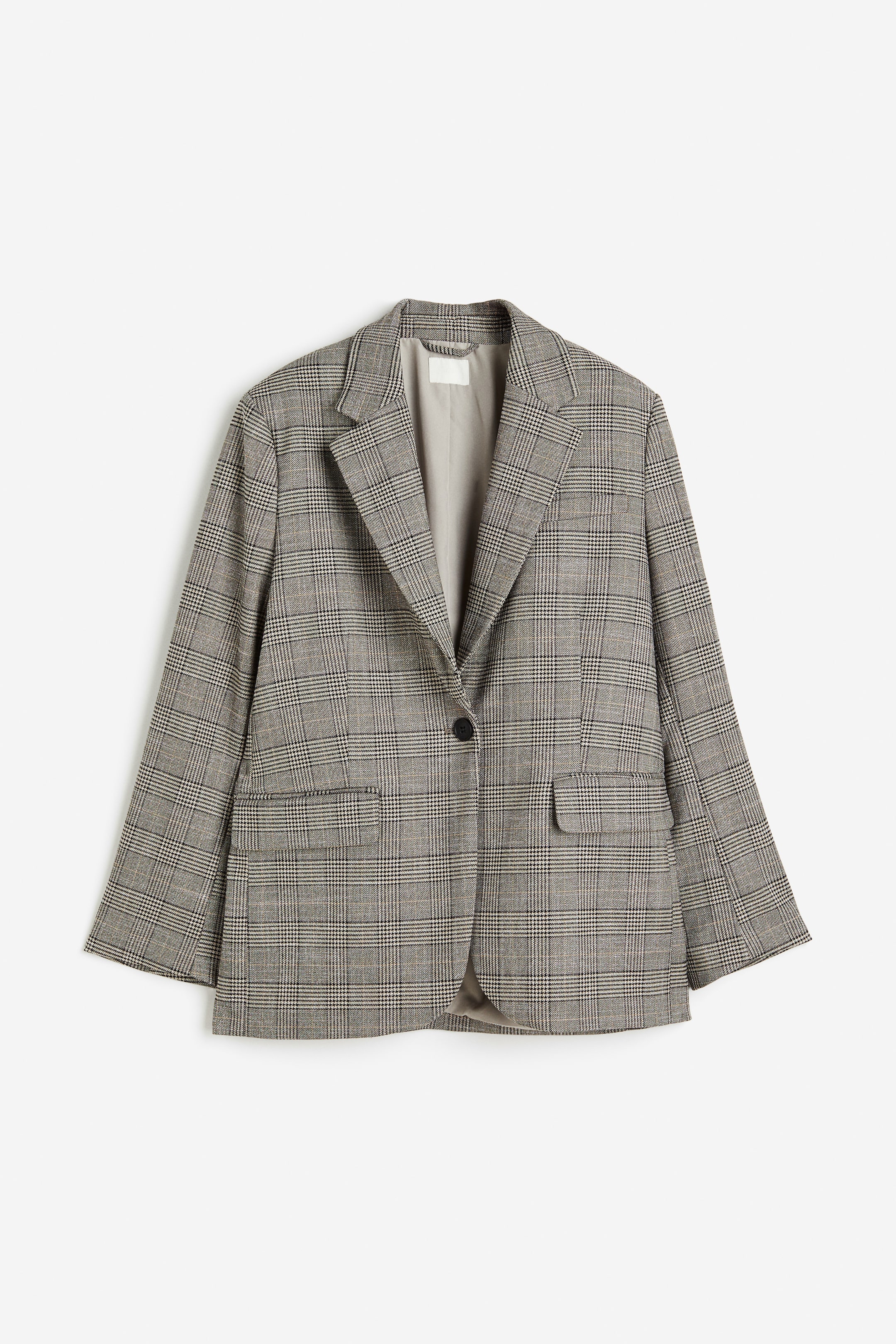 Oversized blazer - V-neck - Long sleeve - Beige/Checked - Ladies | H&M US