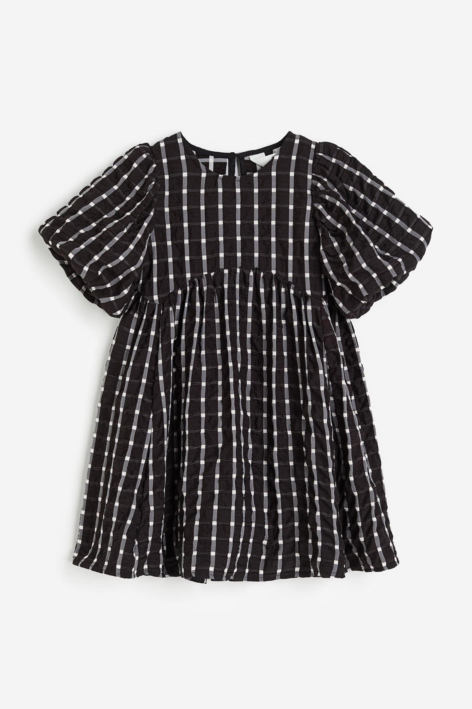Puff Sleeve Dress - Black/Check - 1