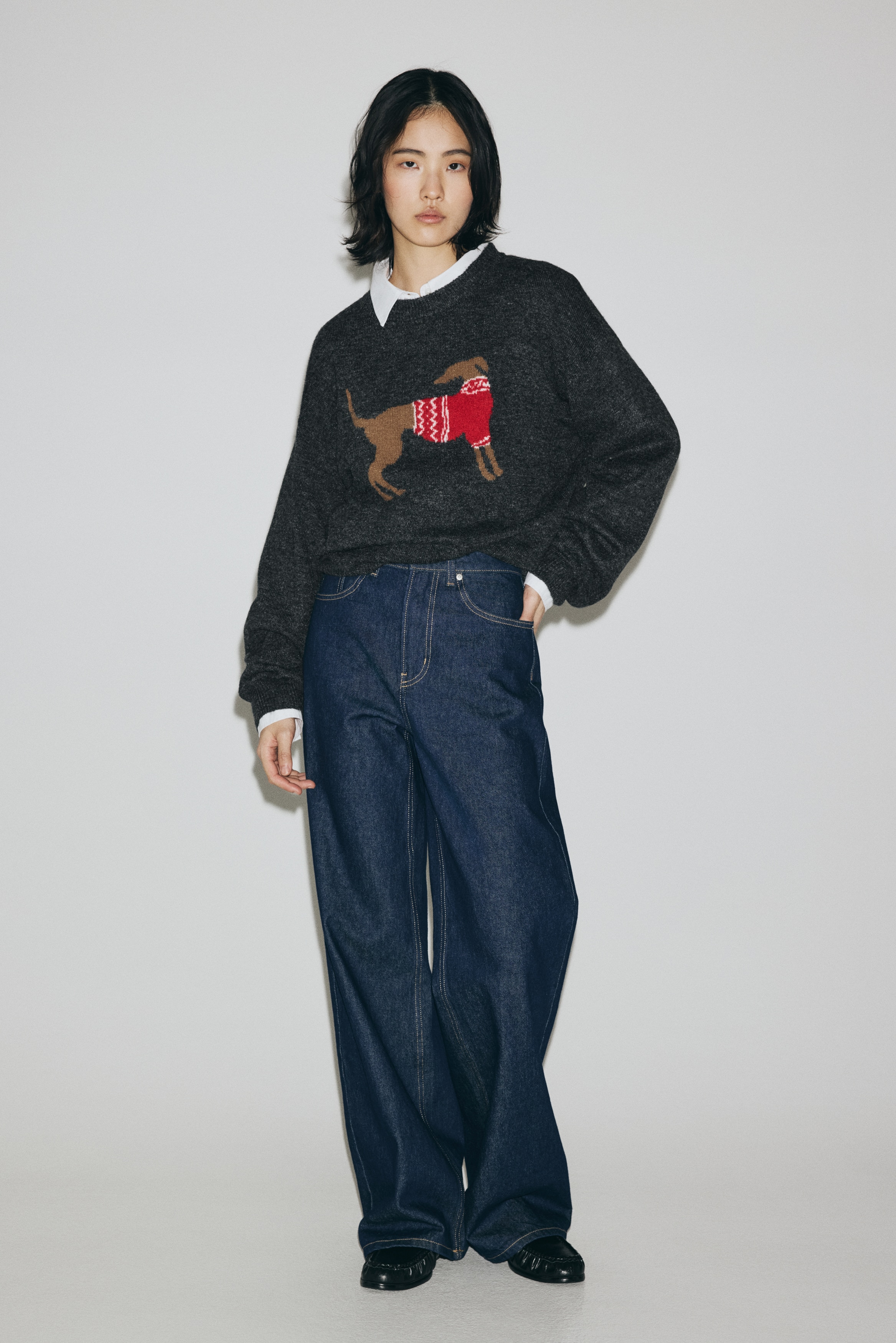 Oversized jacquard-knit jumper - Dark grey marl/Dog/Red/Patterned/Dark blue/Dachshunds