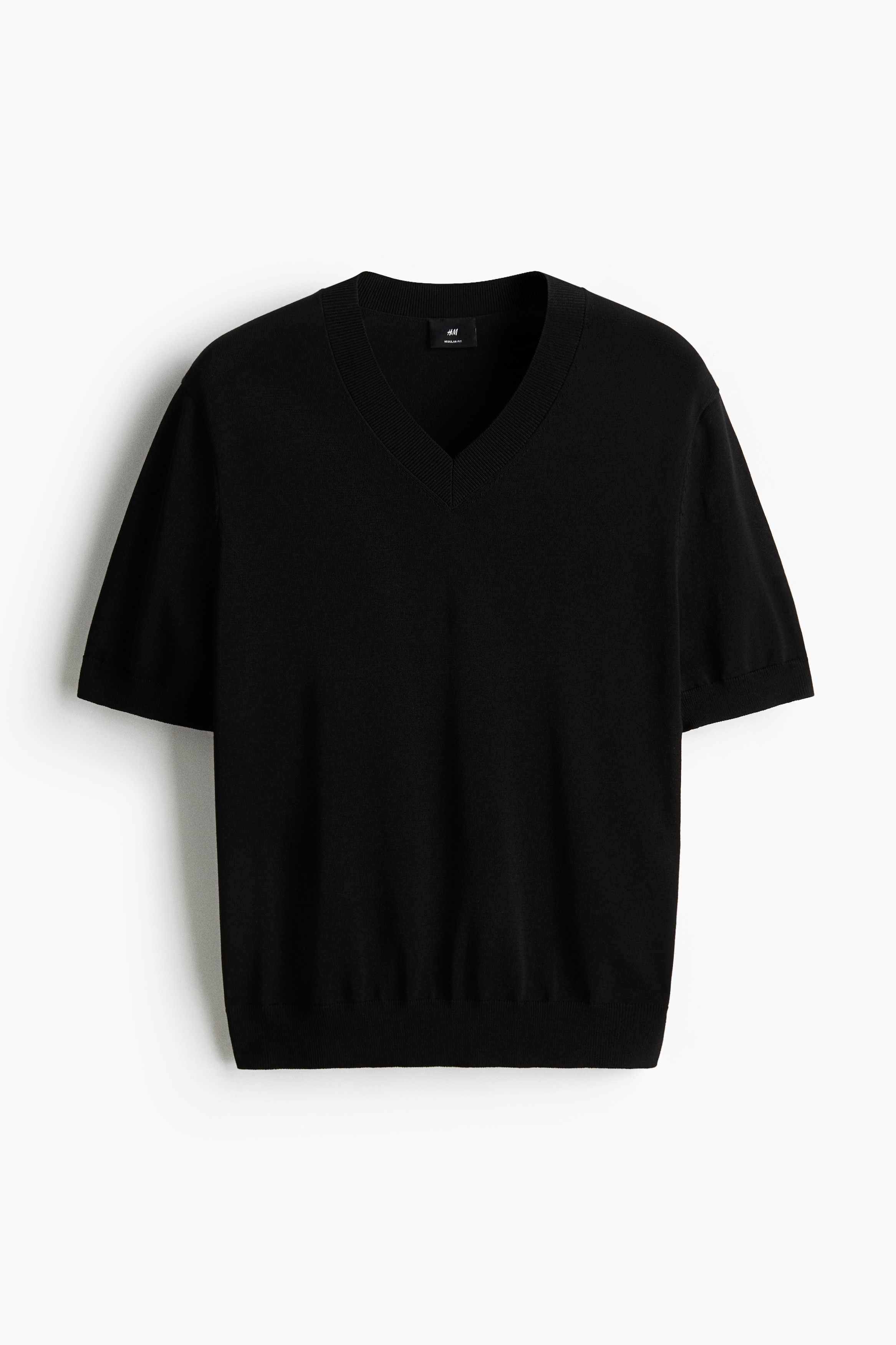 Regular Fit Fine-knit V-neck T-shirt - Black/Beige