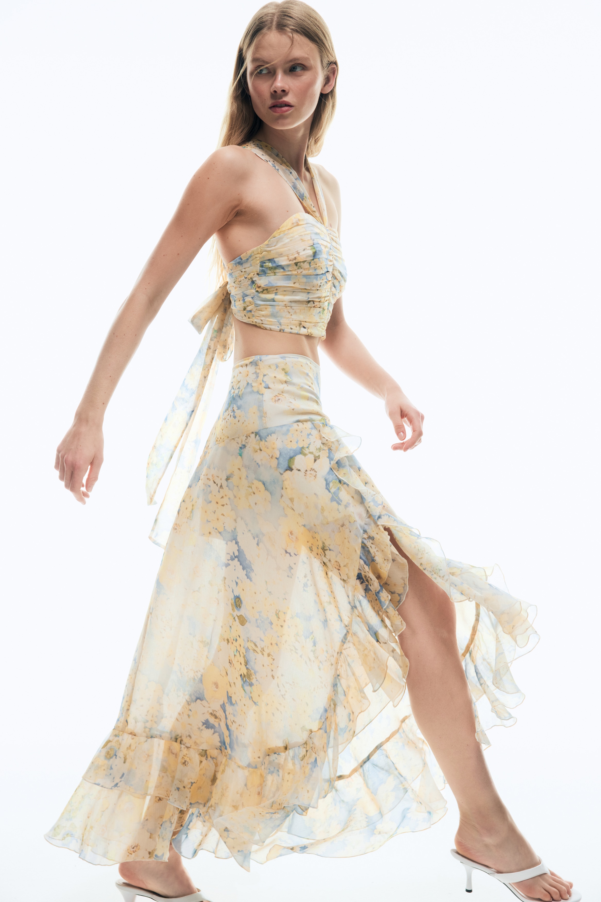 Suknja sa karnerima - Svetložuta/cvetni dezen