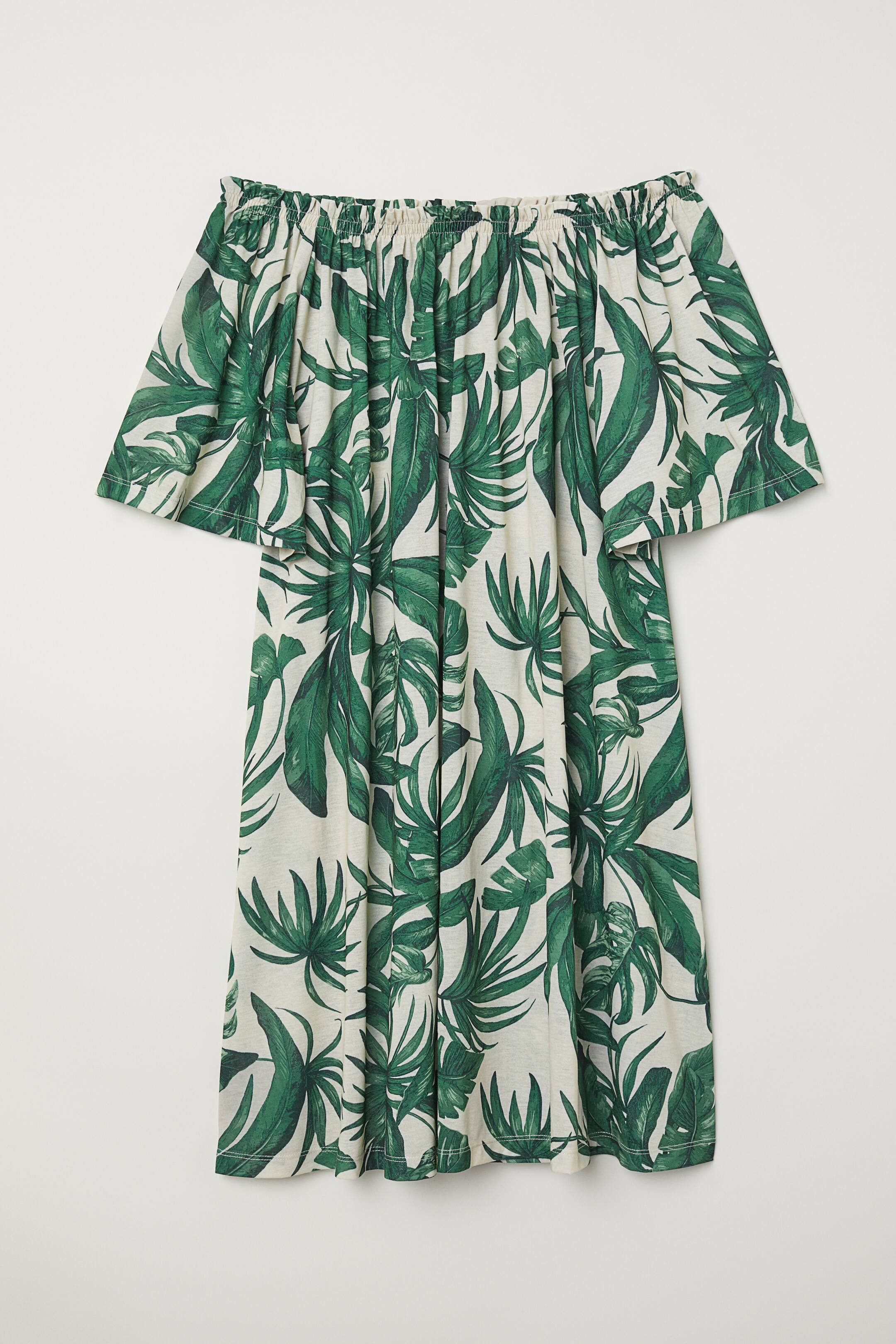 View larger image: Off-the-shoulder dress - Light beige/Green plants - Ladies | H&M GB 1