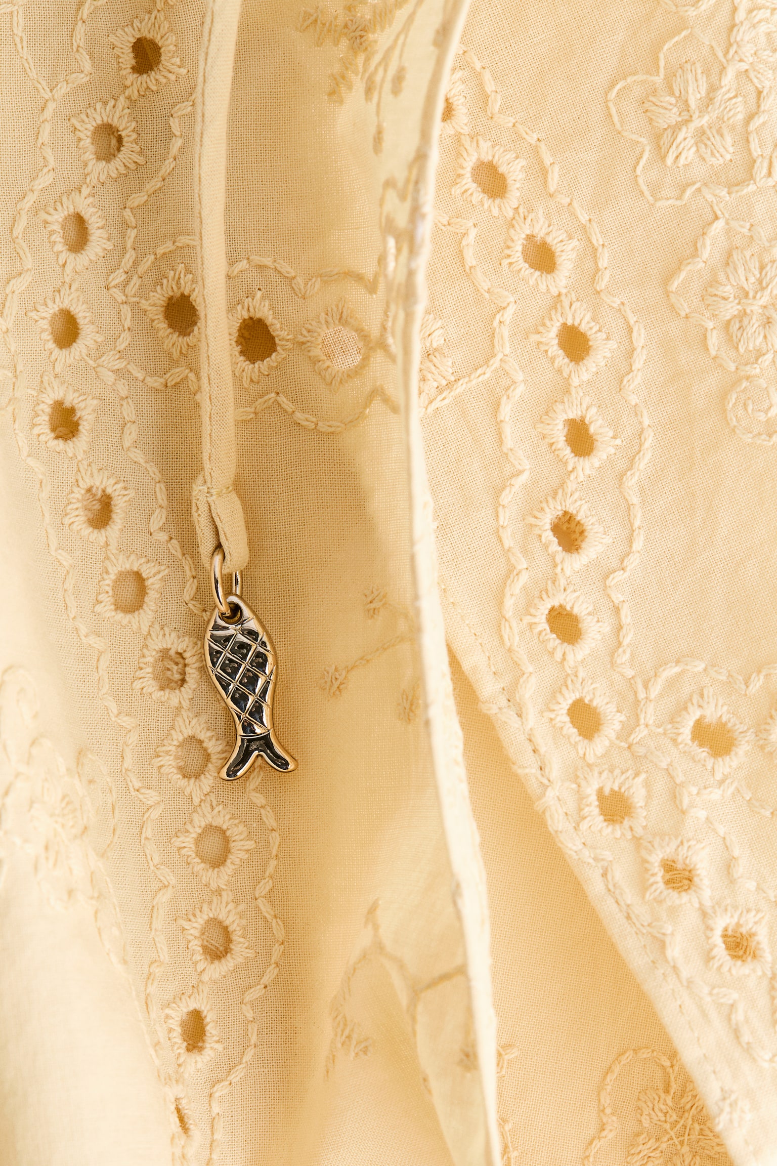 Eyelet-Embroidered Top with Tie Shoulder Straps - Light yellow/Burnt orange - 6