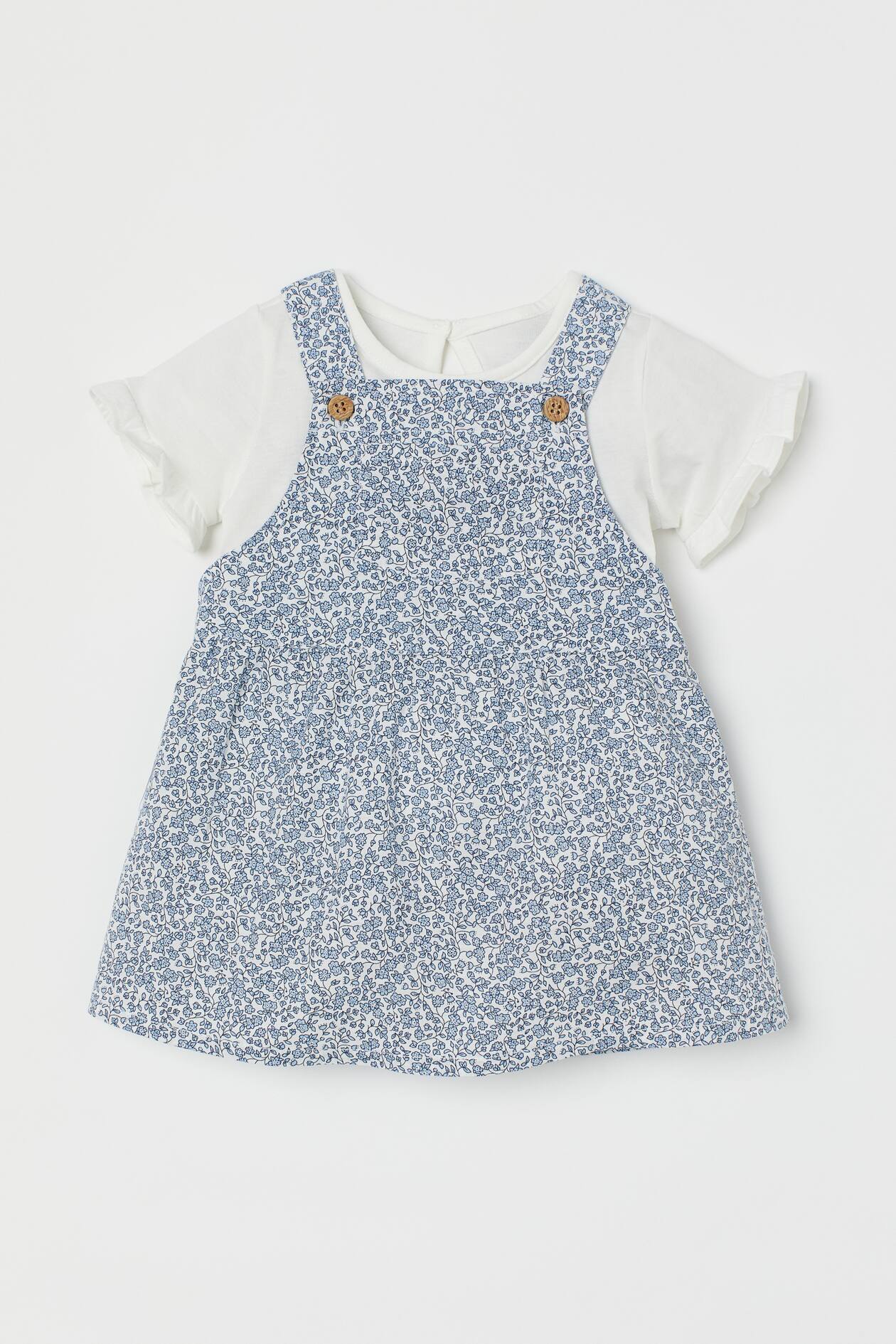 2-piece cotton set - Round neck - Short sleeve - White/Blue floral ...