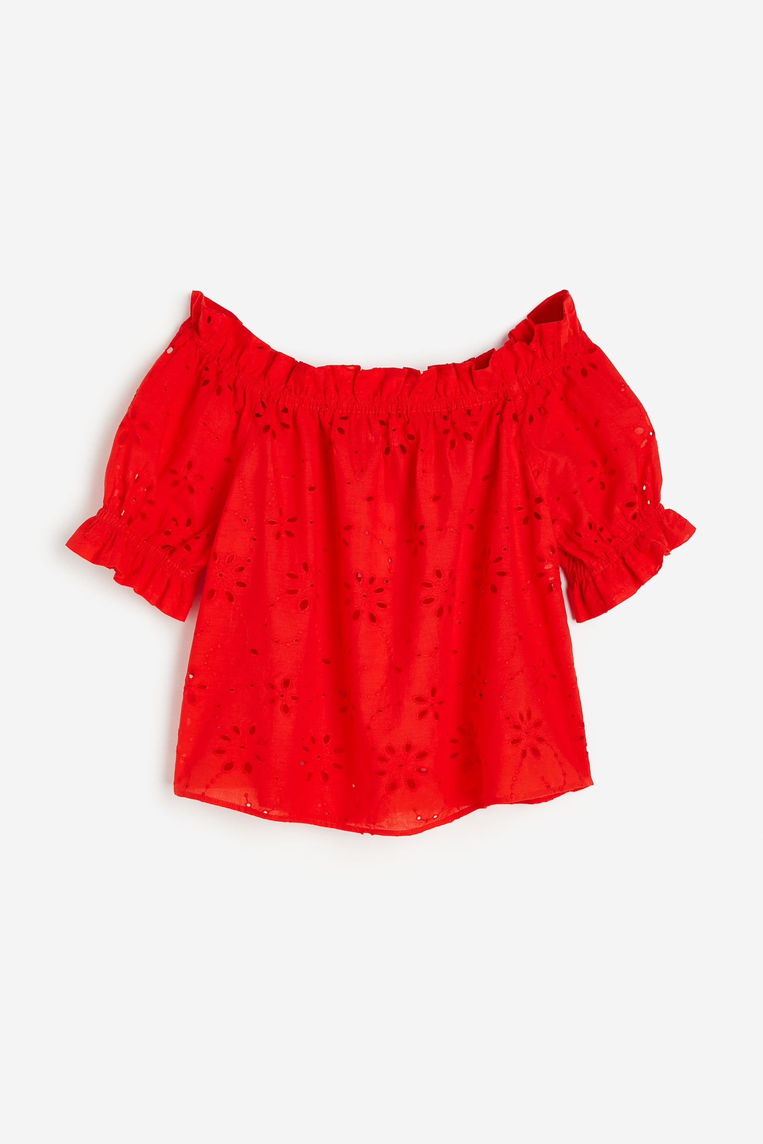 Broderie Anglaise Off The Shoulder Blouse - Red/White - 1