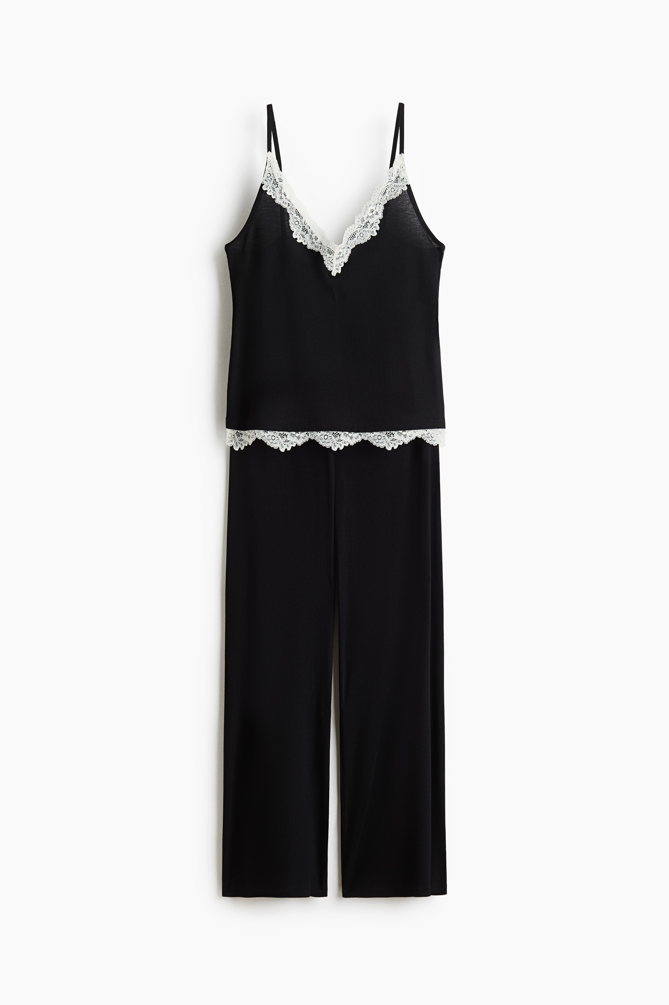 Pyjama côtelé avec dentelle - Noir/Marron foncé