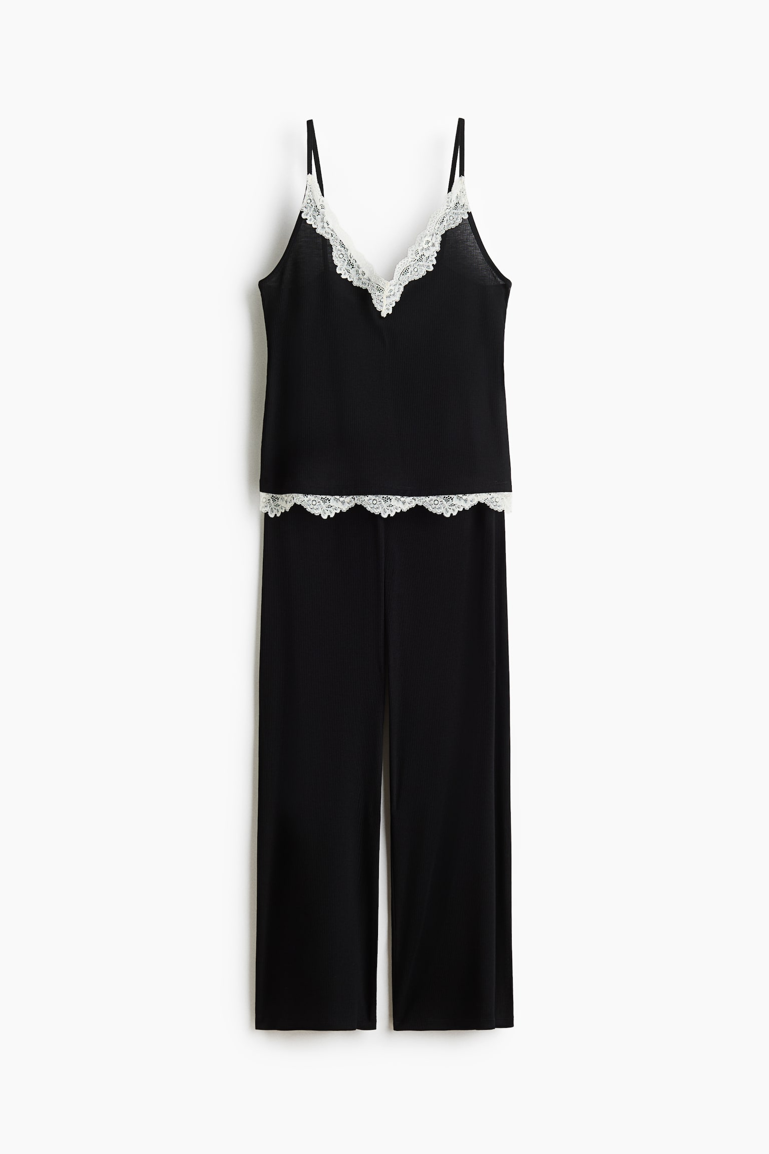 Pyjama côtelé avec dentelle - Noir/Marron foncé - 1