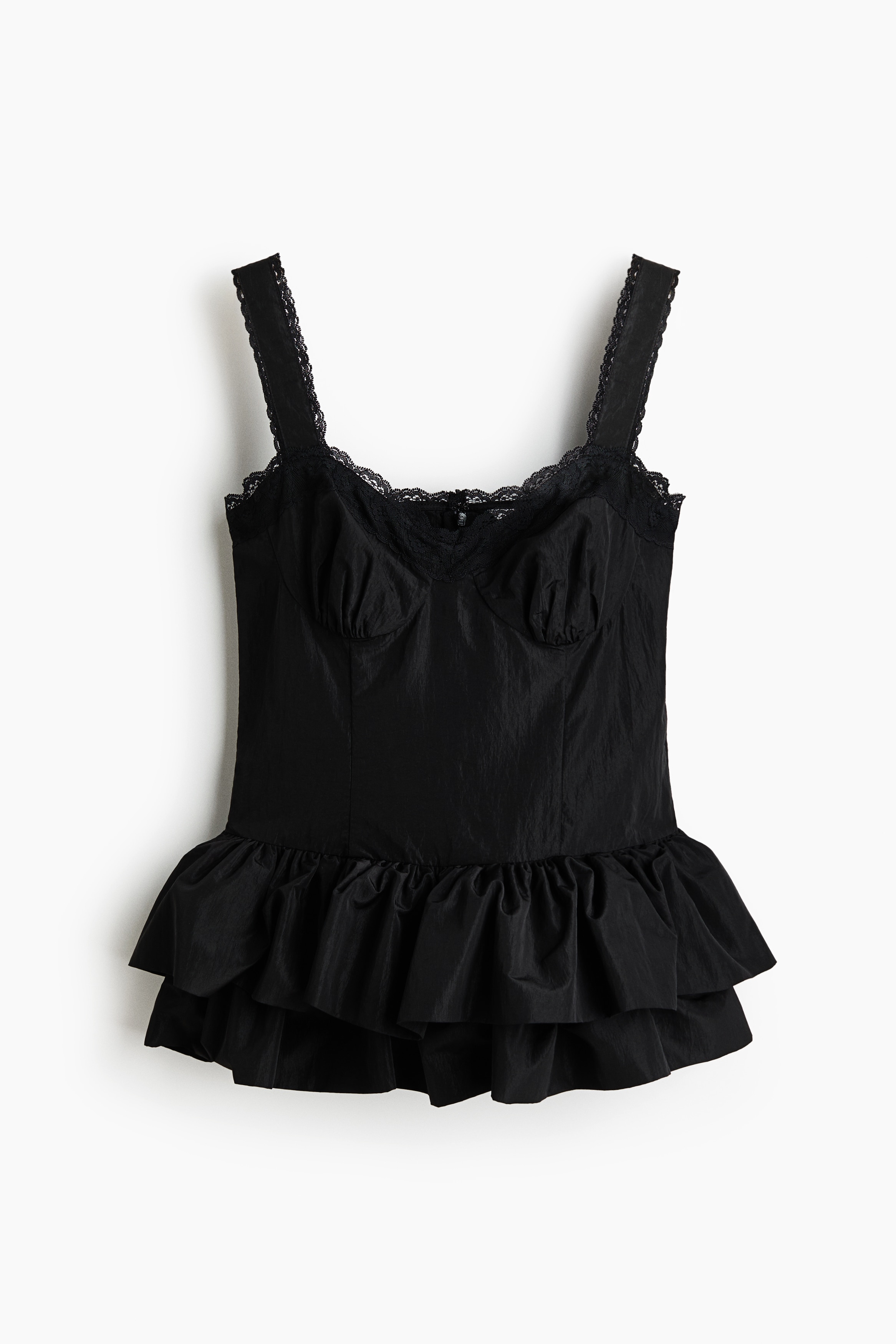 Top din nailon cu bordură de dantelă - Negru