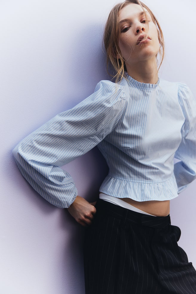 Puff-sleeved peplum blouse - Light blue/Striped/Black/White - 5