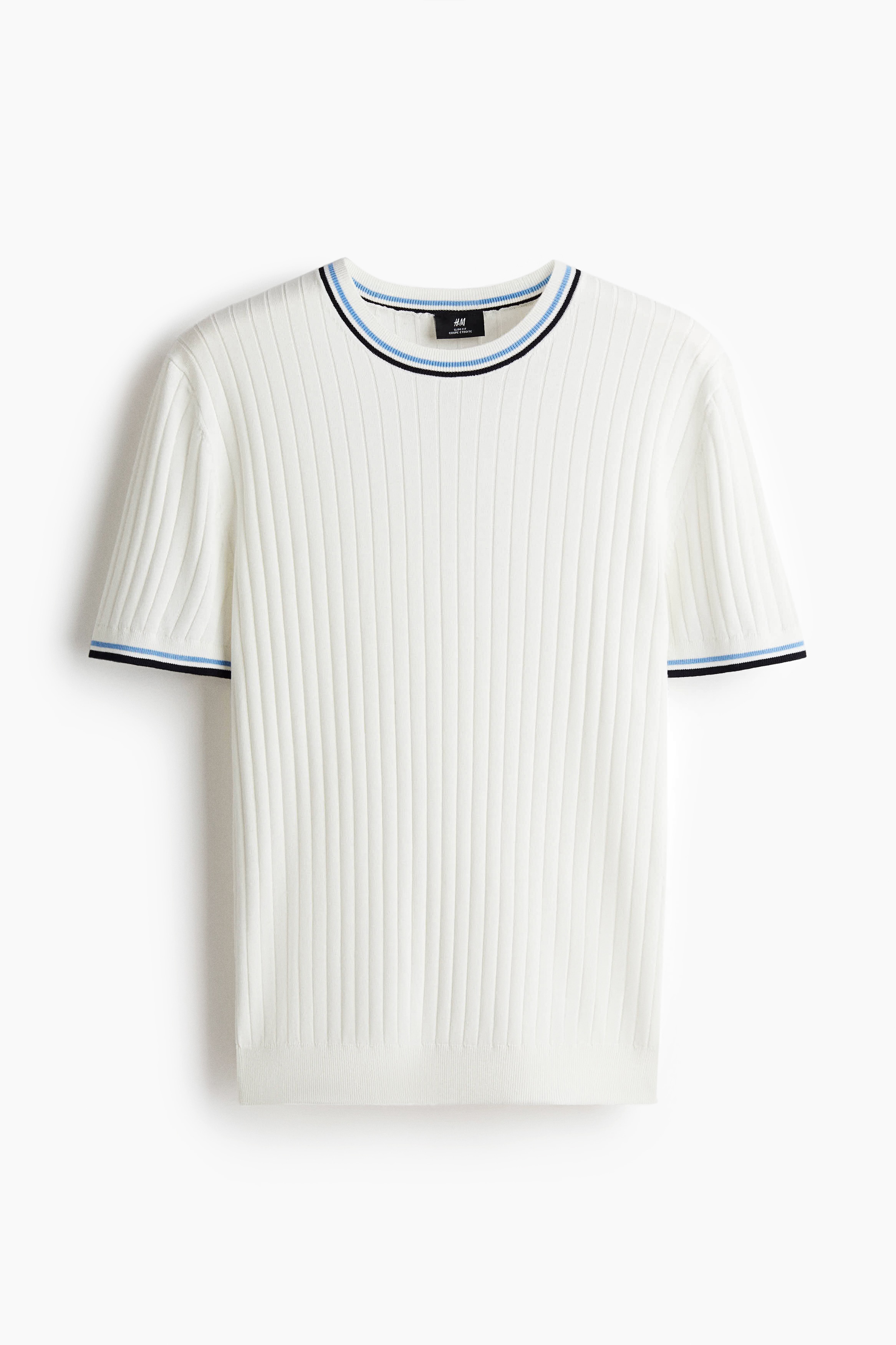 Slim Fit Rib-knit T-shirt - White/Light blue