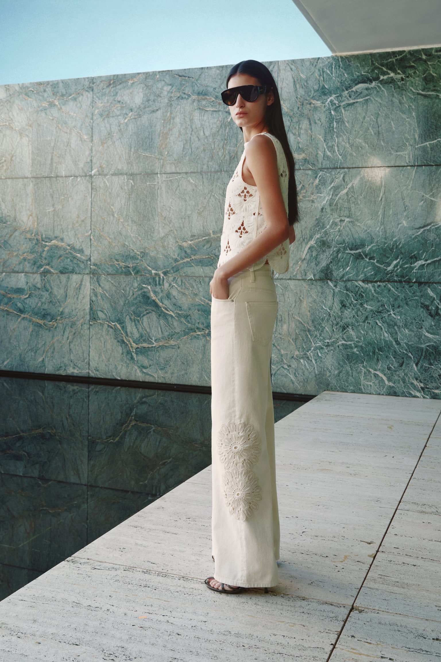 Jeans met gehaakte look - Roomwit/Zwart - 3