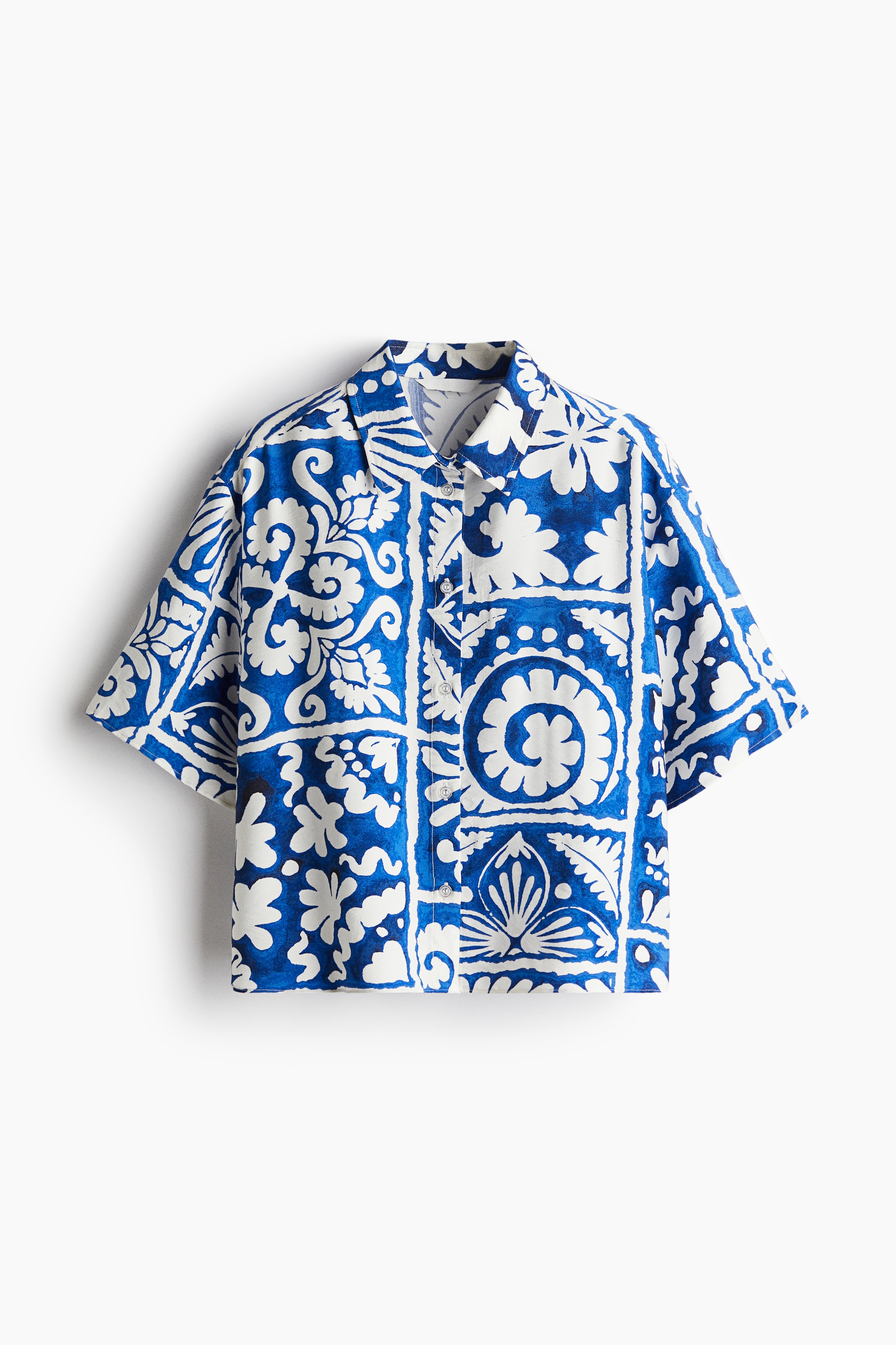 Short-Sleeved Twill Shirt - Bright blue/patterned