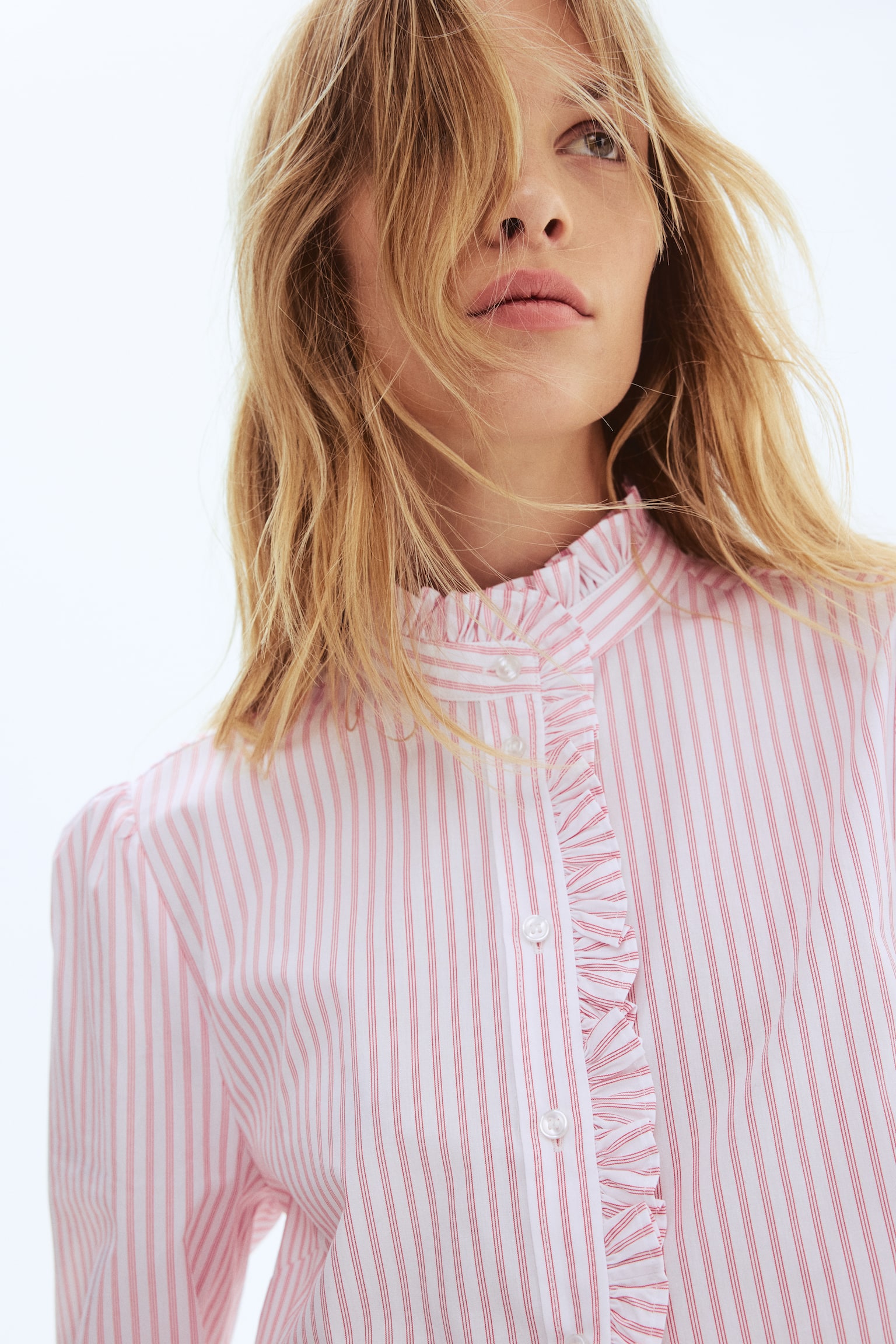 Frill-trimmed poplin blouse - White/Red striped/Light pink/Blue/Striped - 1
