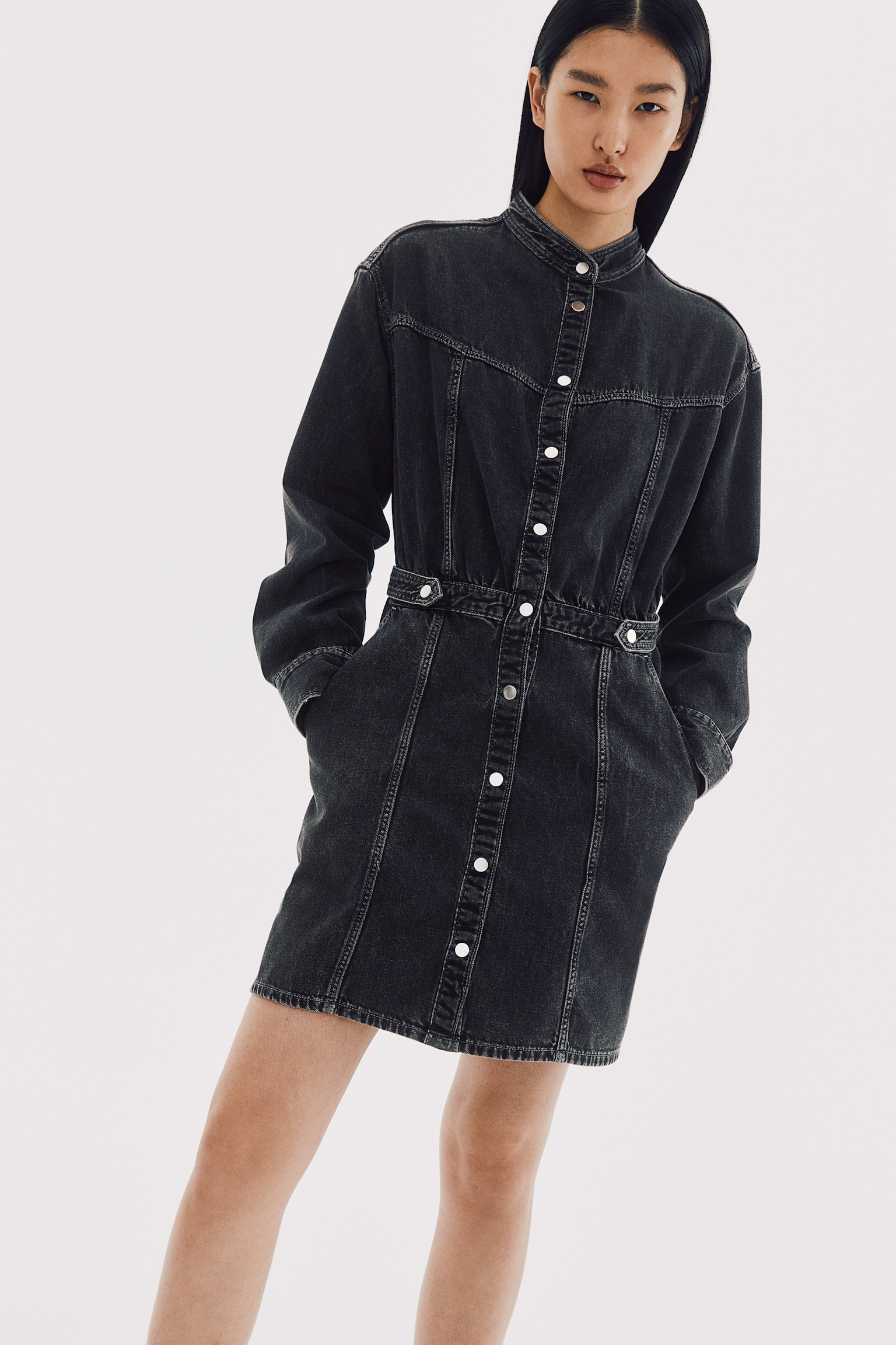 Long-sleeved denim dress - Dark denim grey - 5