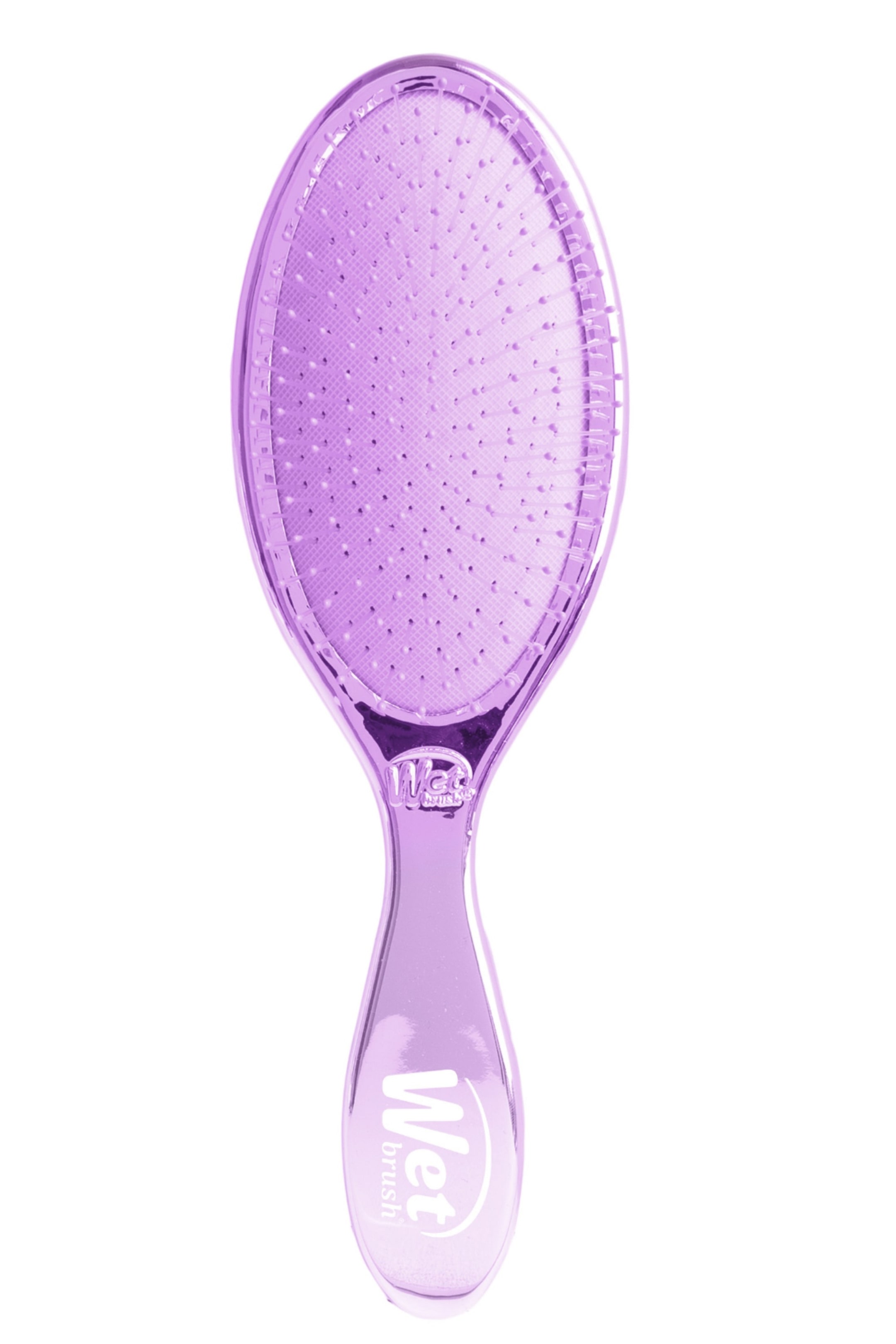 Se større billede: En lavendel Wet Brush-hårbørste vender fremad og viser et ovalt børstehoved med mange fleksible børstehår. Det ergonomiske håndtag har "Wet Brush"-logoet.