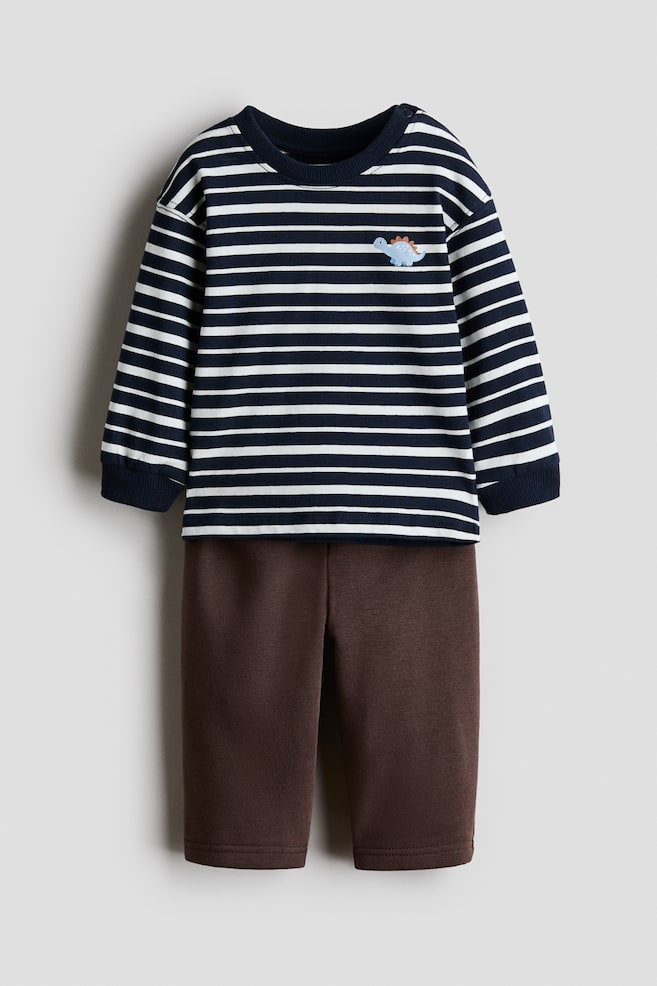 2-Piece T-Shirt and Pants Set - Brown/blue striped/Dark gray/green striped - 1