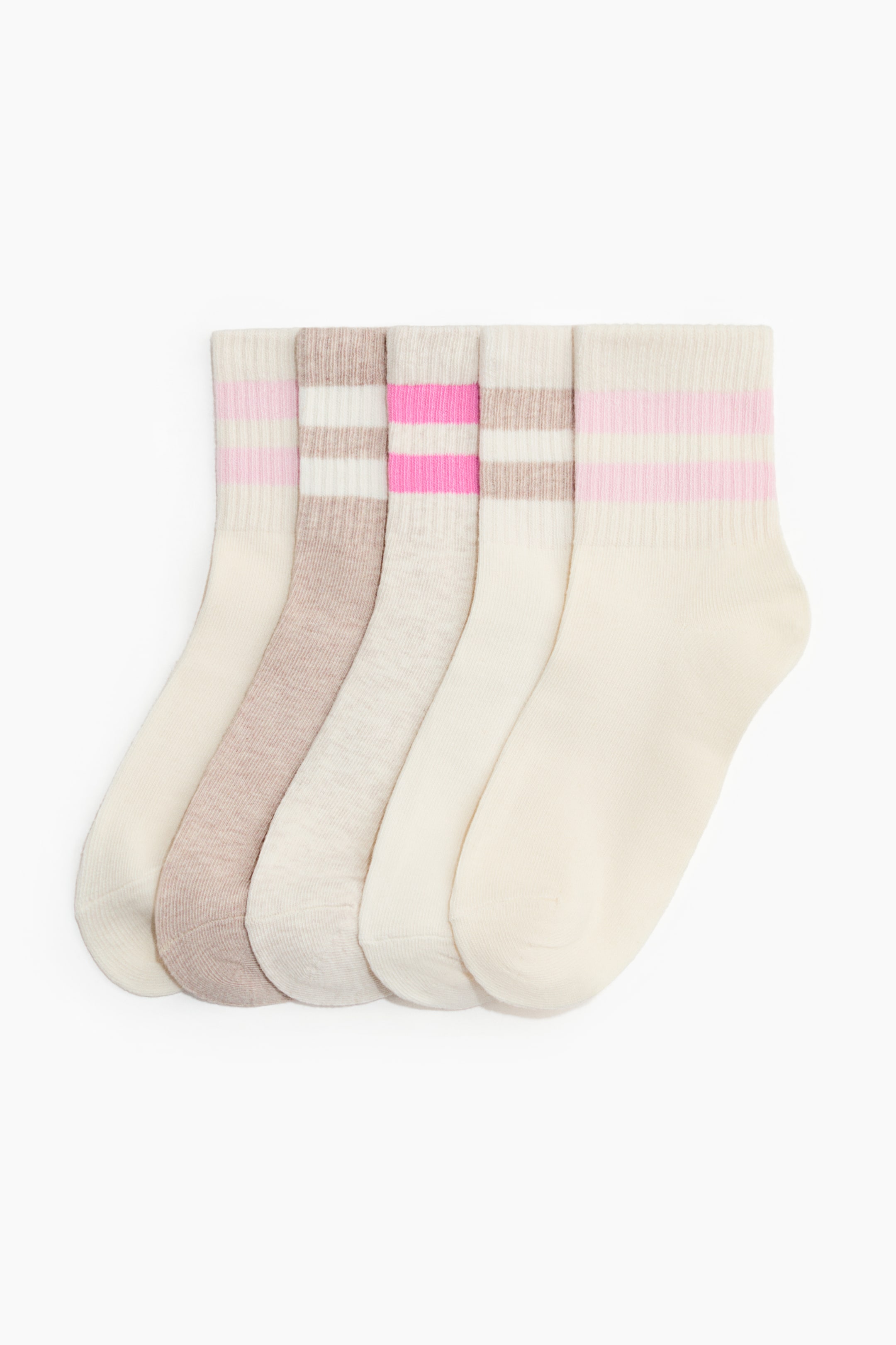 View larger image: Five socks are arranged in a fanned row, each sock featuring a fine-knit texture and a ribbed shaft. Horizontal stripes are decorating the shaft in varying shades of pink and light brown, contrasting with the off-white and light brown main colors.