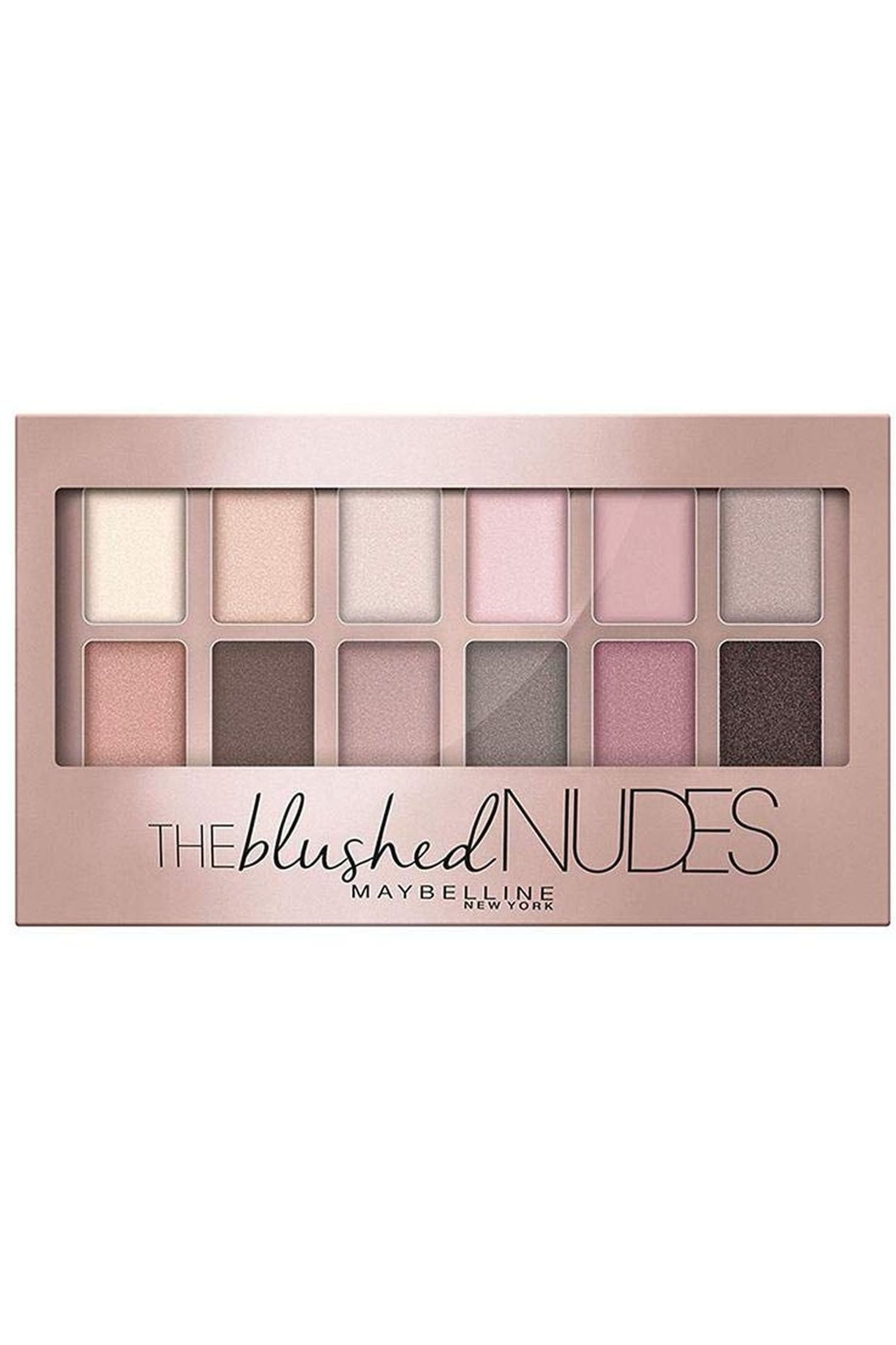 Die Lidschattenpalette ist direkt nach vorne ausgerichtet und zeigt hinter einem transparenten Sichtfenster zwölf rechteckige Lidschattenfarben, angeordnet in zwei Reihen zu je sechs. Die roségoldene Metallic-Verpackung präsentiert eine Auswahl an zarten Rosa-, Champagner-, Taupe- und Pflaumentönen, wobei der Produktname und das Markenlogo in Schwarz auf der unteren Vorderseite aufgedruckt sind.
