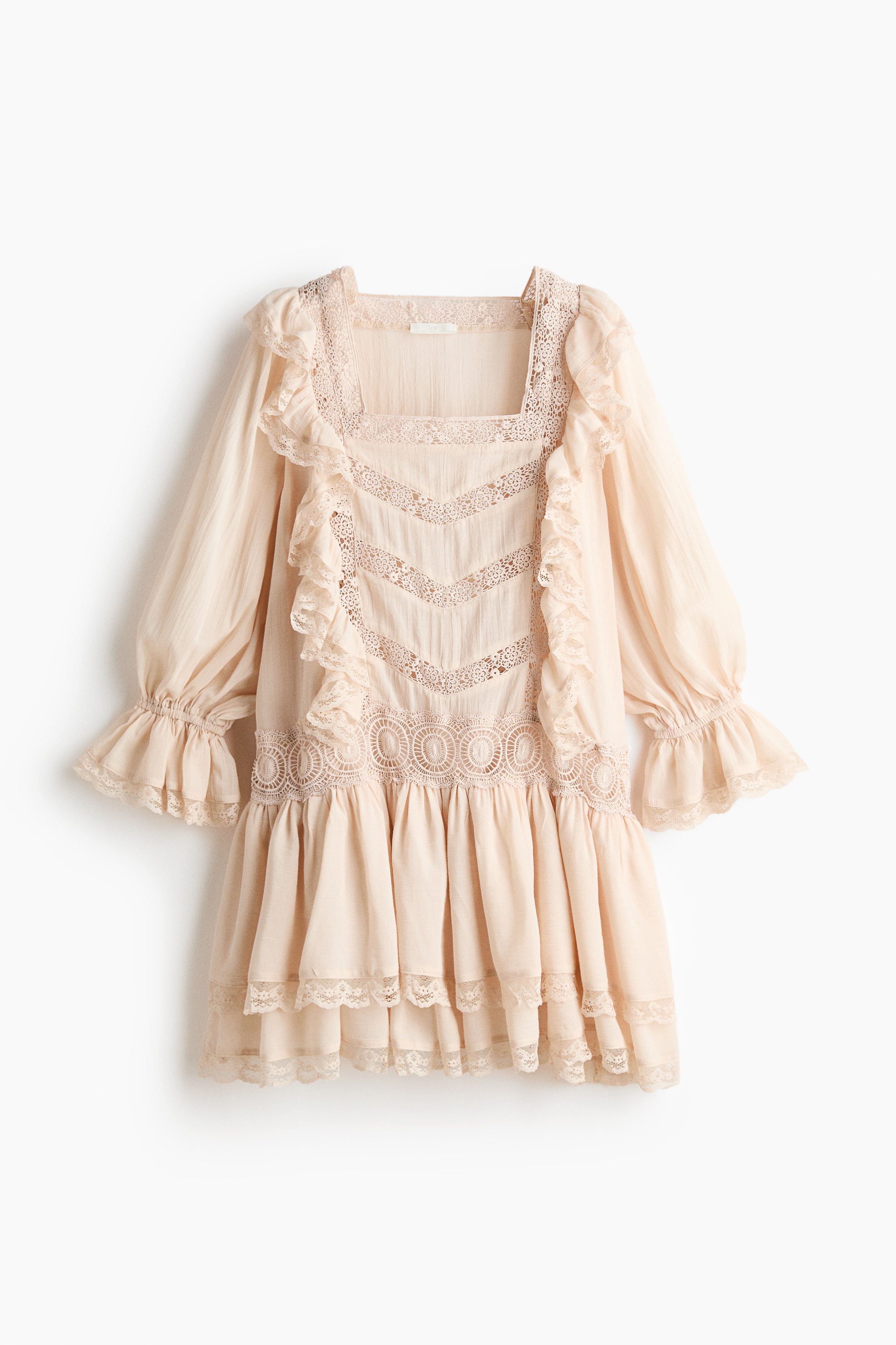 Vestido con encaje y olanes - Beige claro