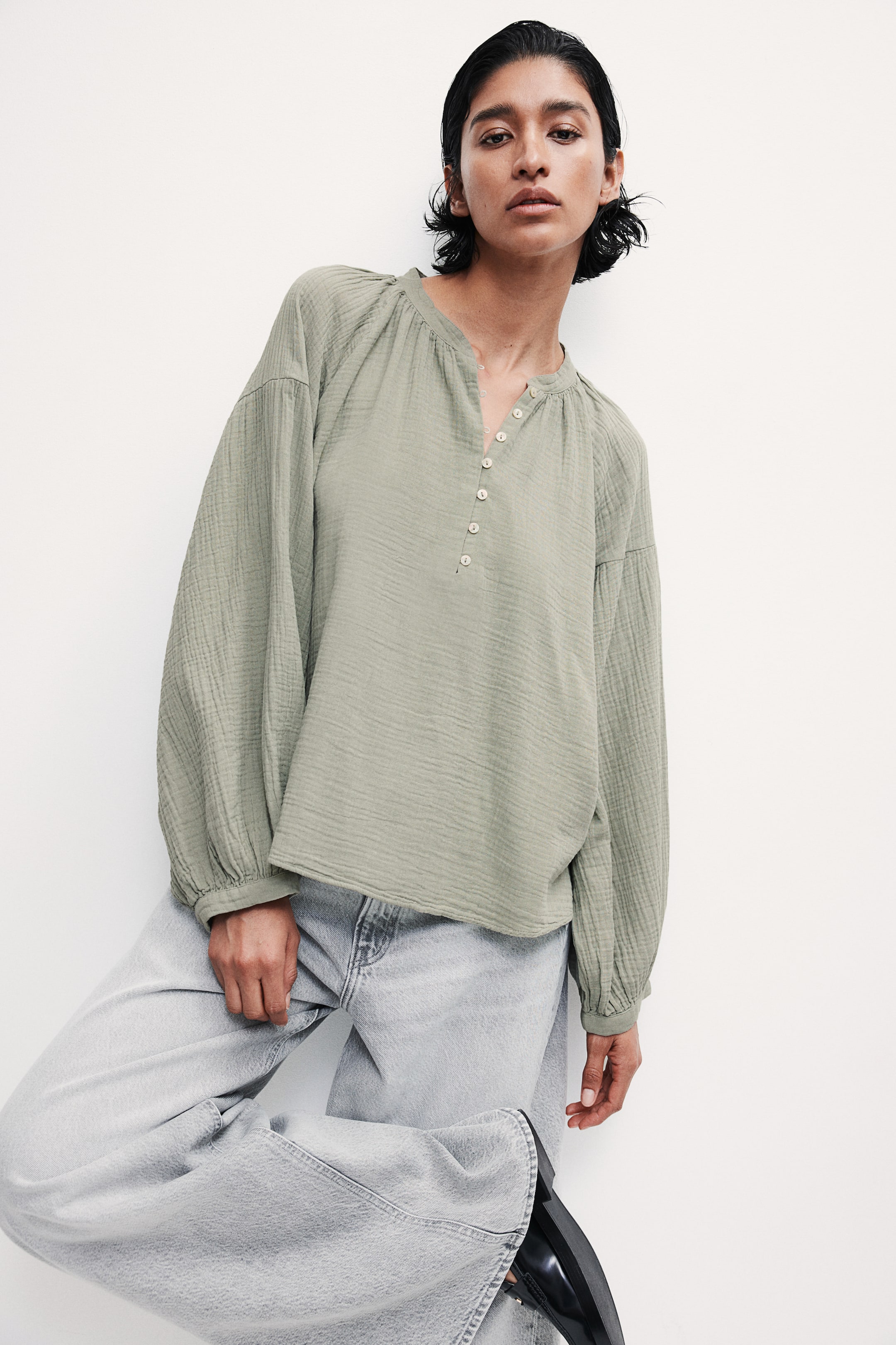 Balloon-Sleeved Muslin Blouse