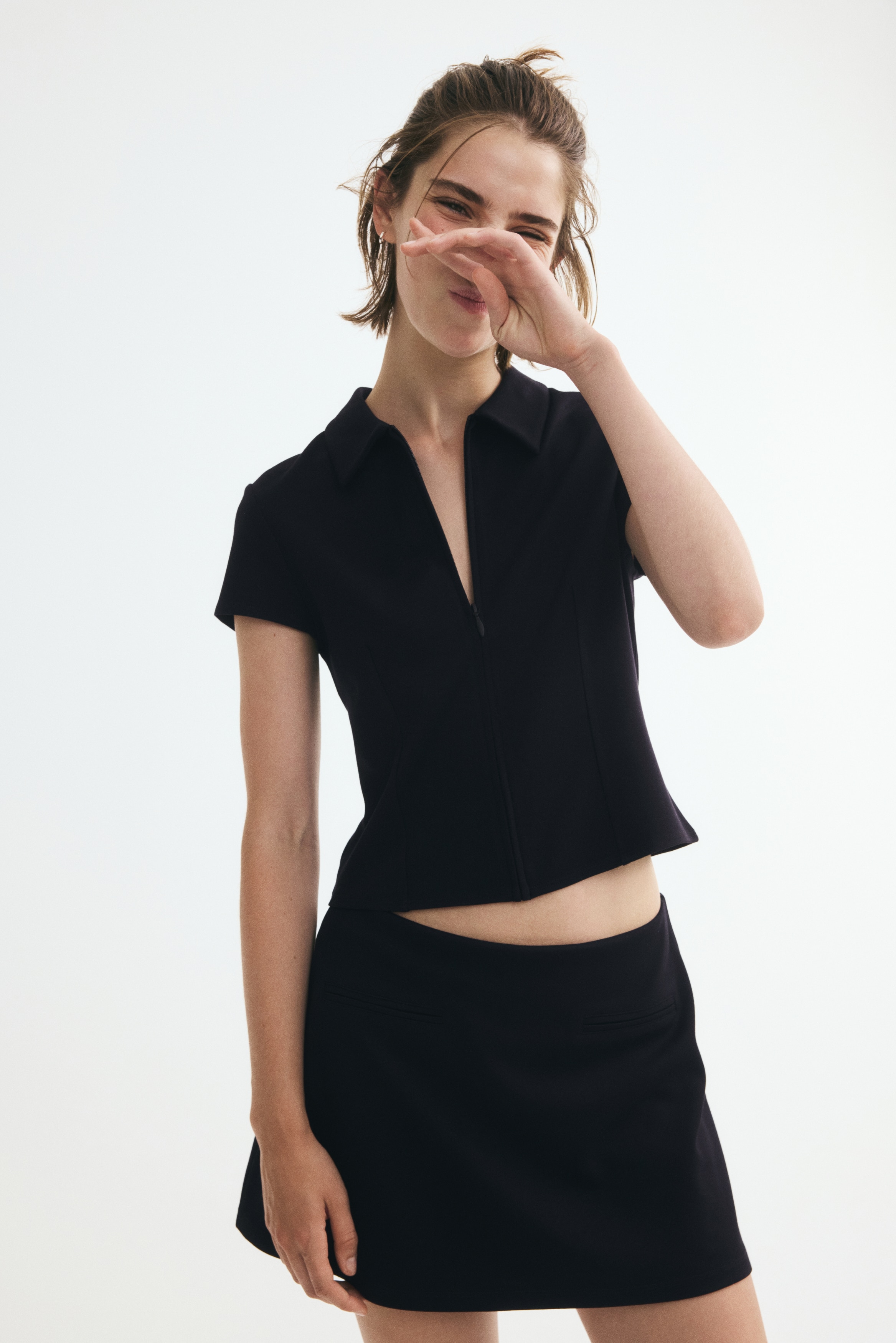 Viscose-blend zip-through top - Black/Navy blue/Checked