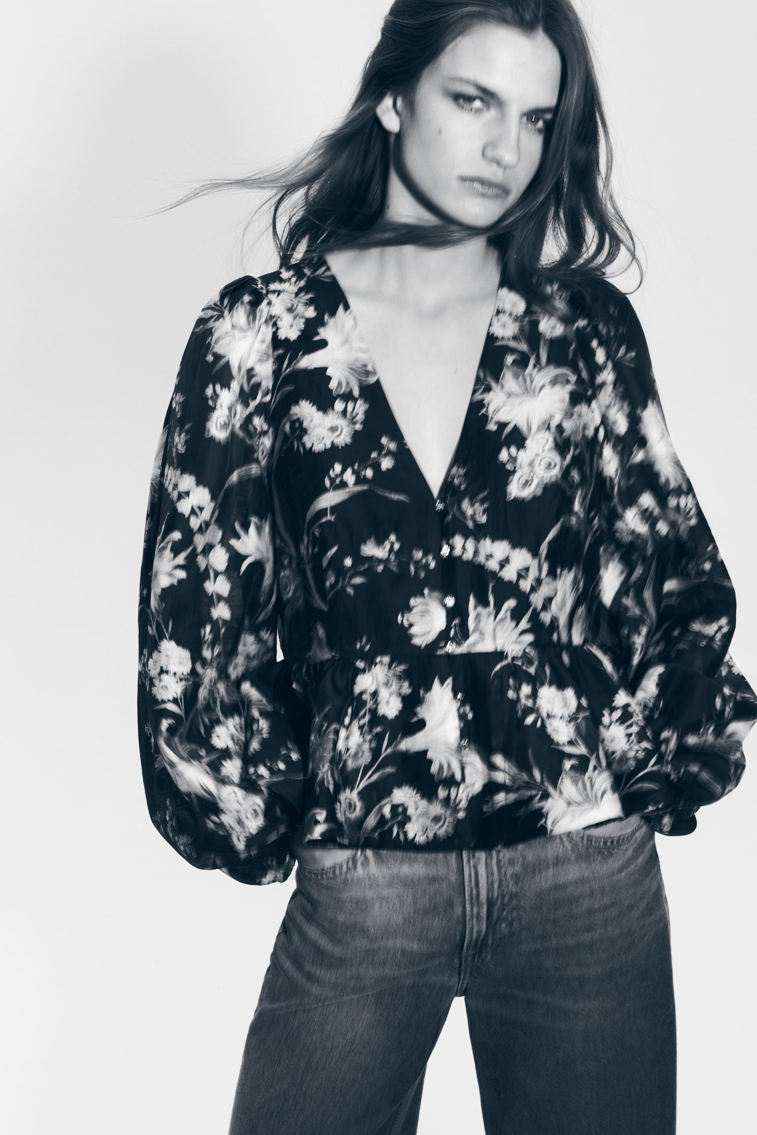 Peplumblouse van linnenmix - Zwart/bloemen/Geel/bloemen - 2