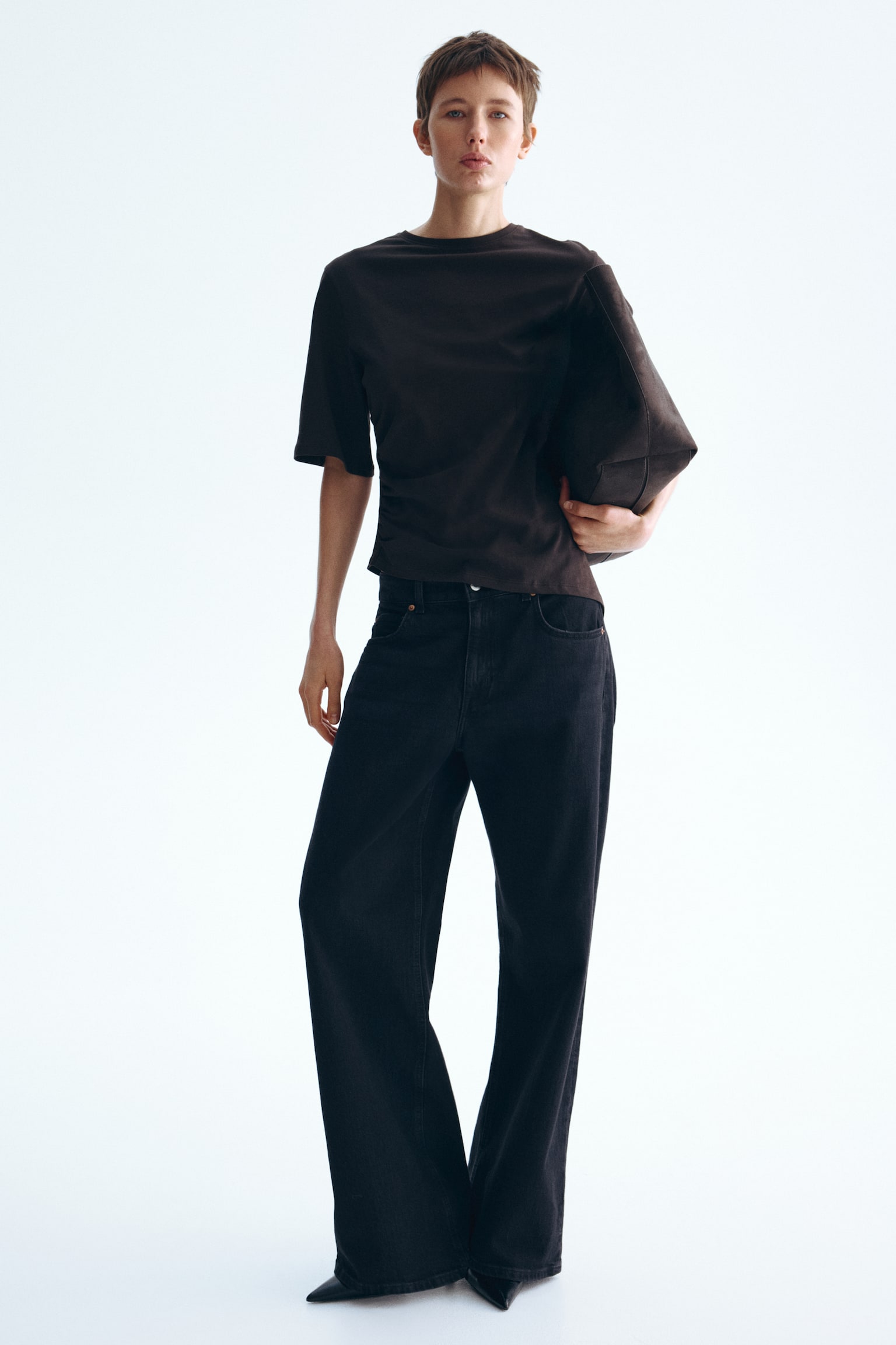 Draped T-shirt - Dark brown/White/Light yellow - 1